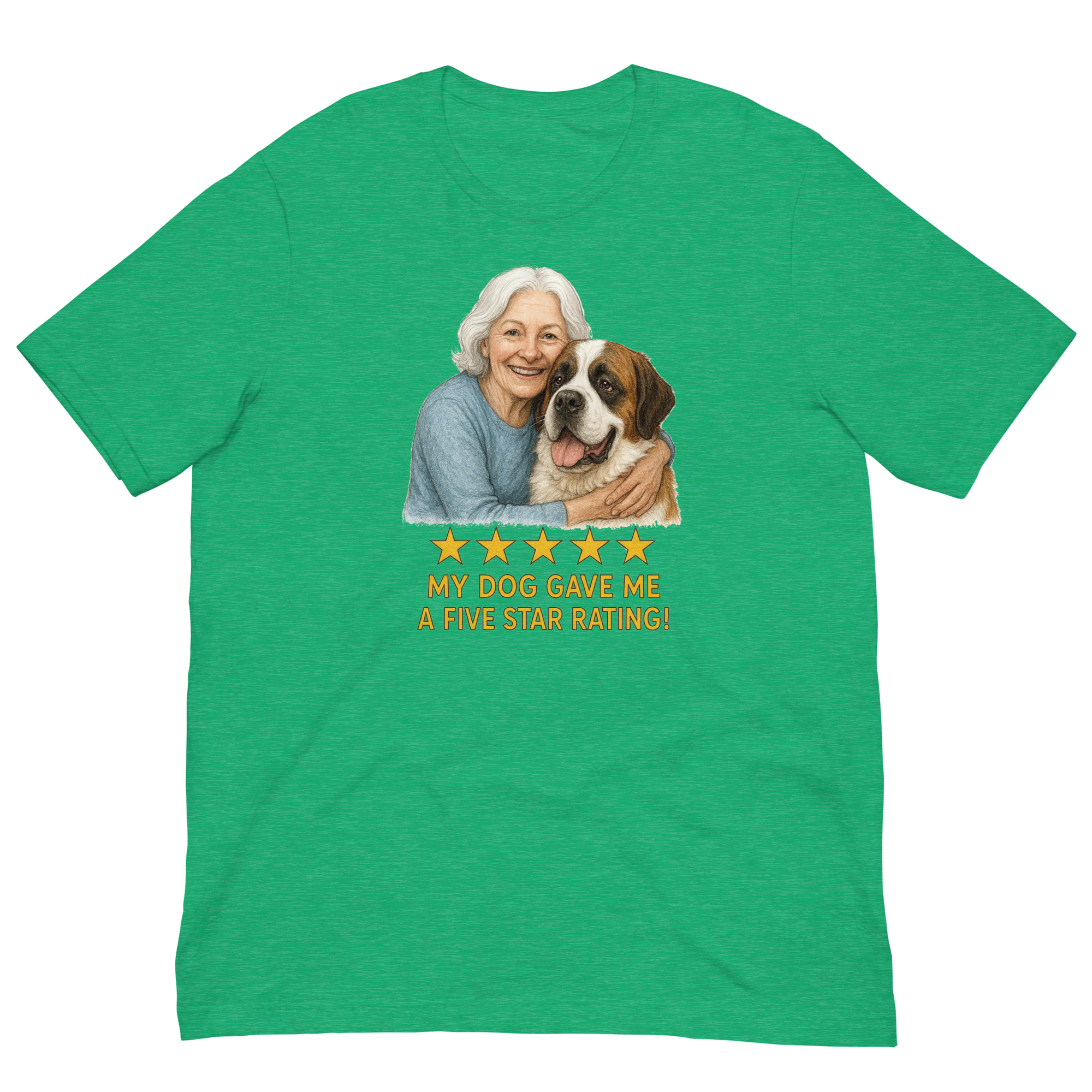 White Hair Woman with Saint Bernard graphic tee.
