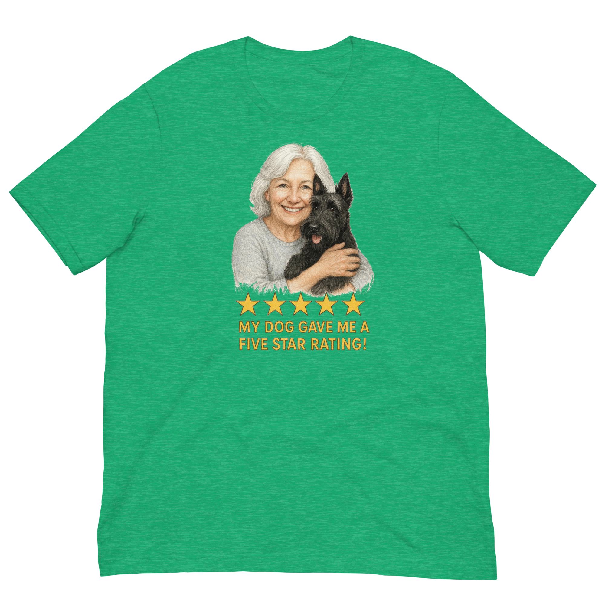 White Hair Woman with Scottie graphic tee.