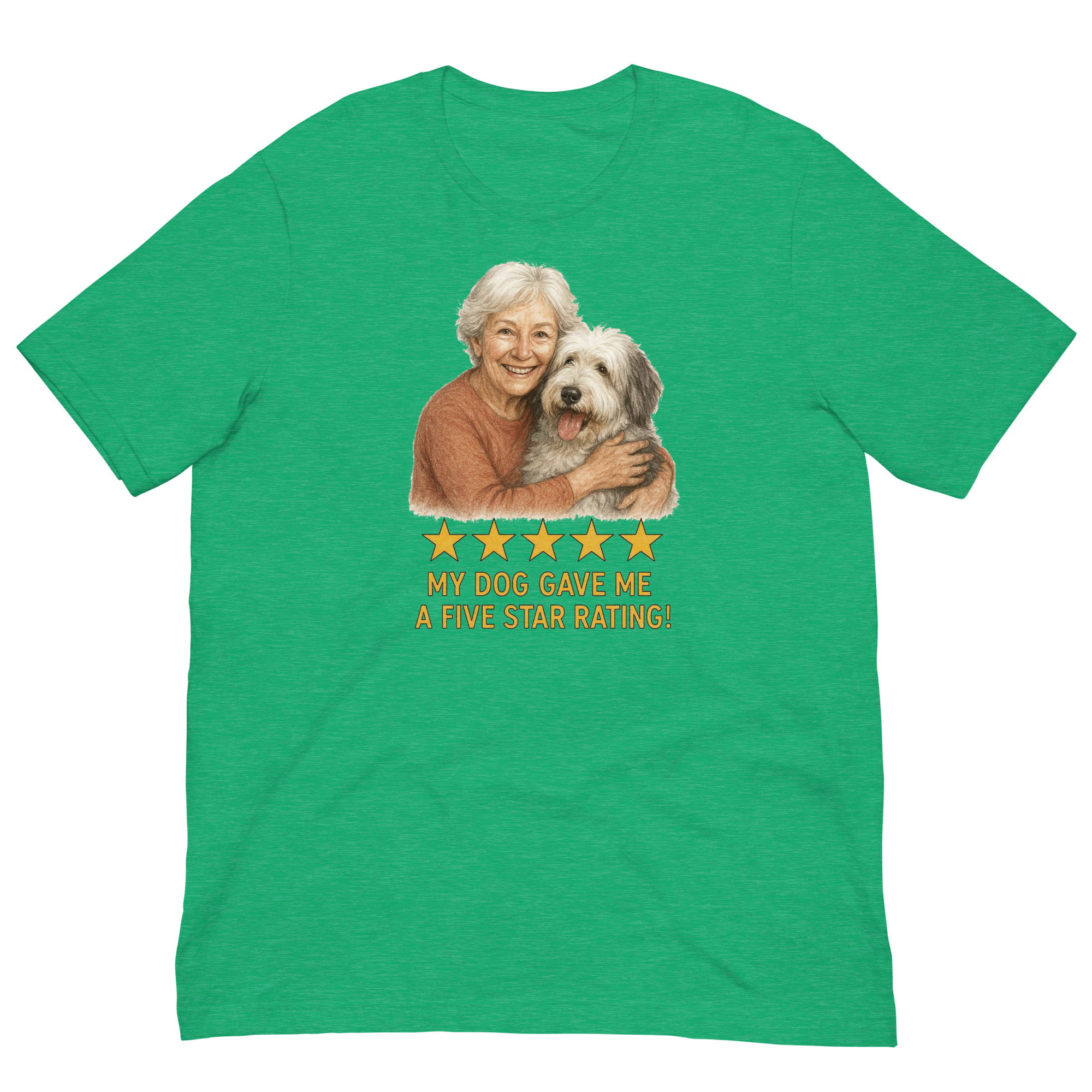 White Hair Woman with Sheepdog graphic tee.