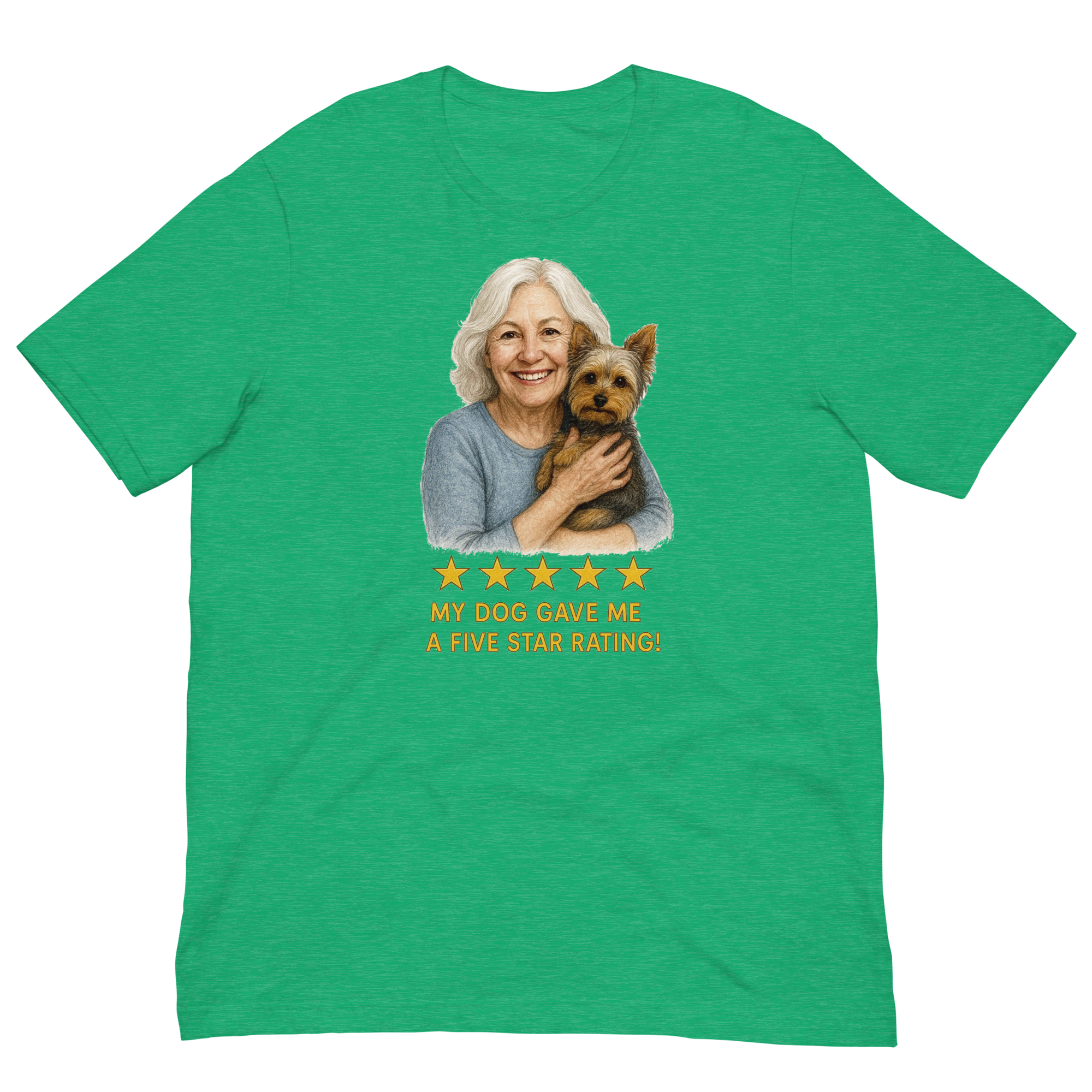 White Hair Woman with Yorkie graphic tee.