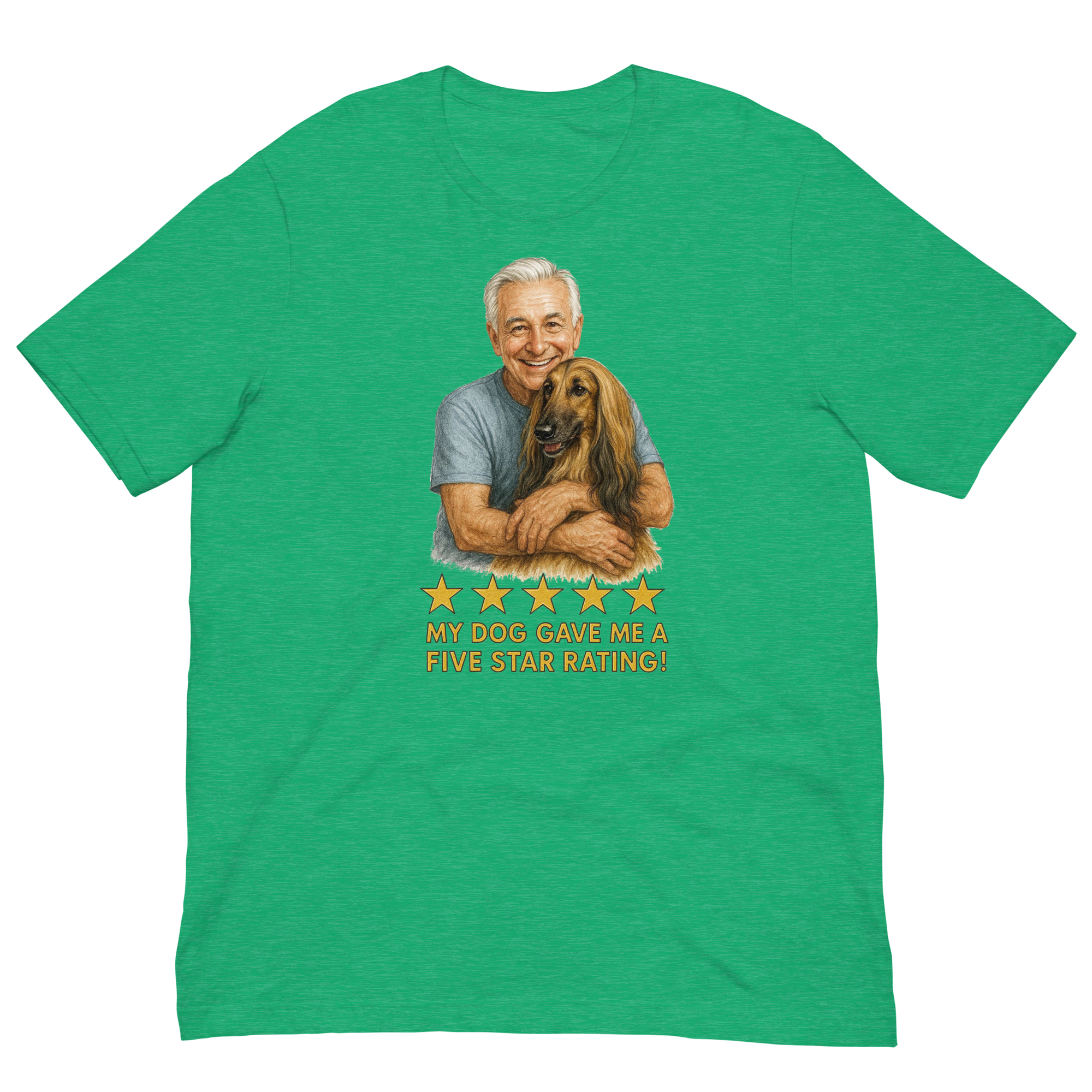 White Hair Man with Afghan Hound graphic tee.
