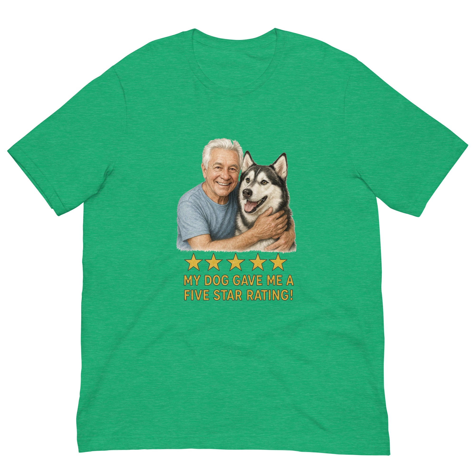 White Hair Man with Alaskan Husky graphic tee.