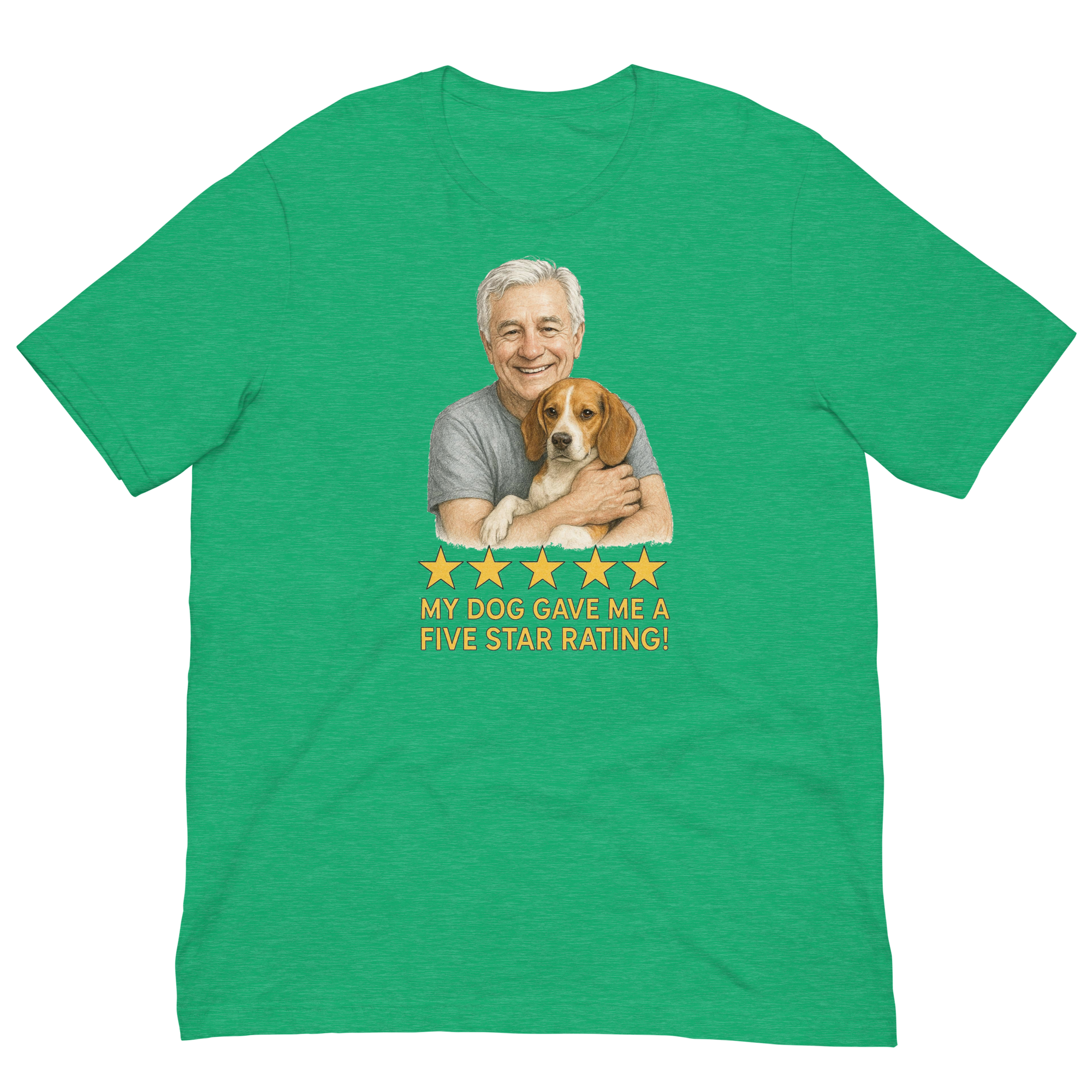 White Hair Man with Beagle graphic tee.