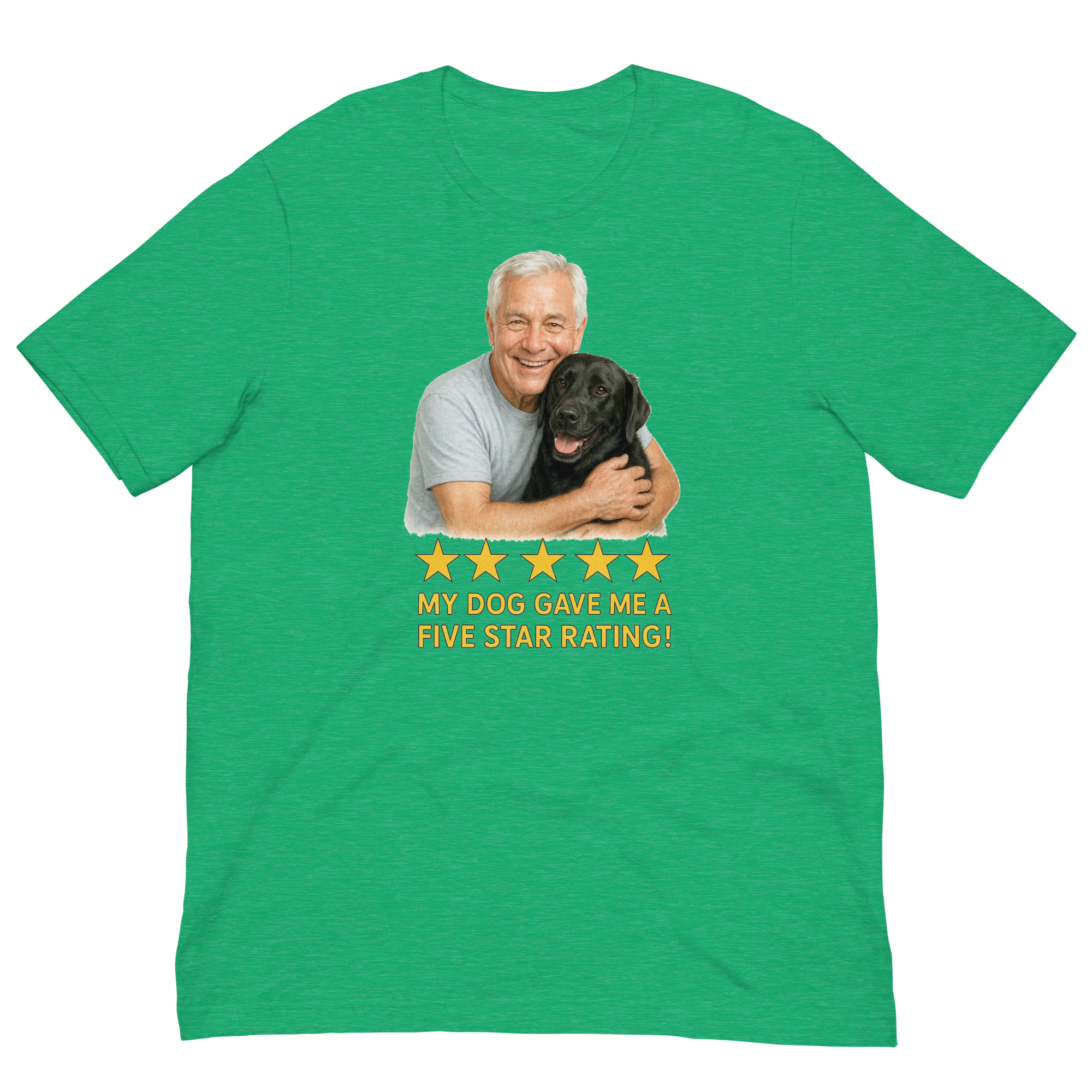 White Hair Man with Black Labrador graphic tee.
