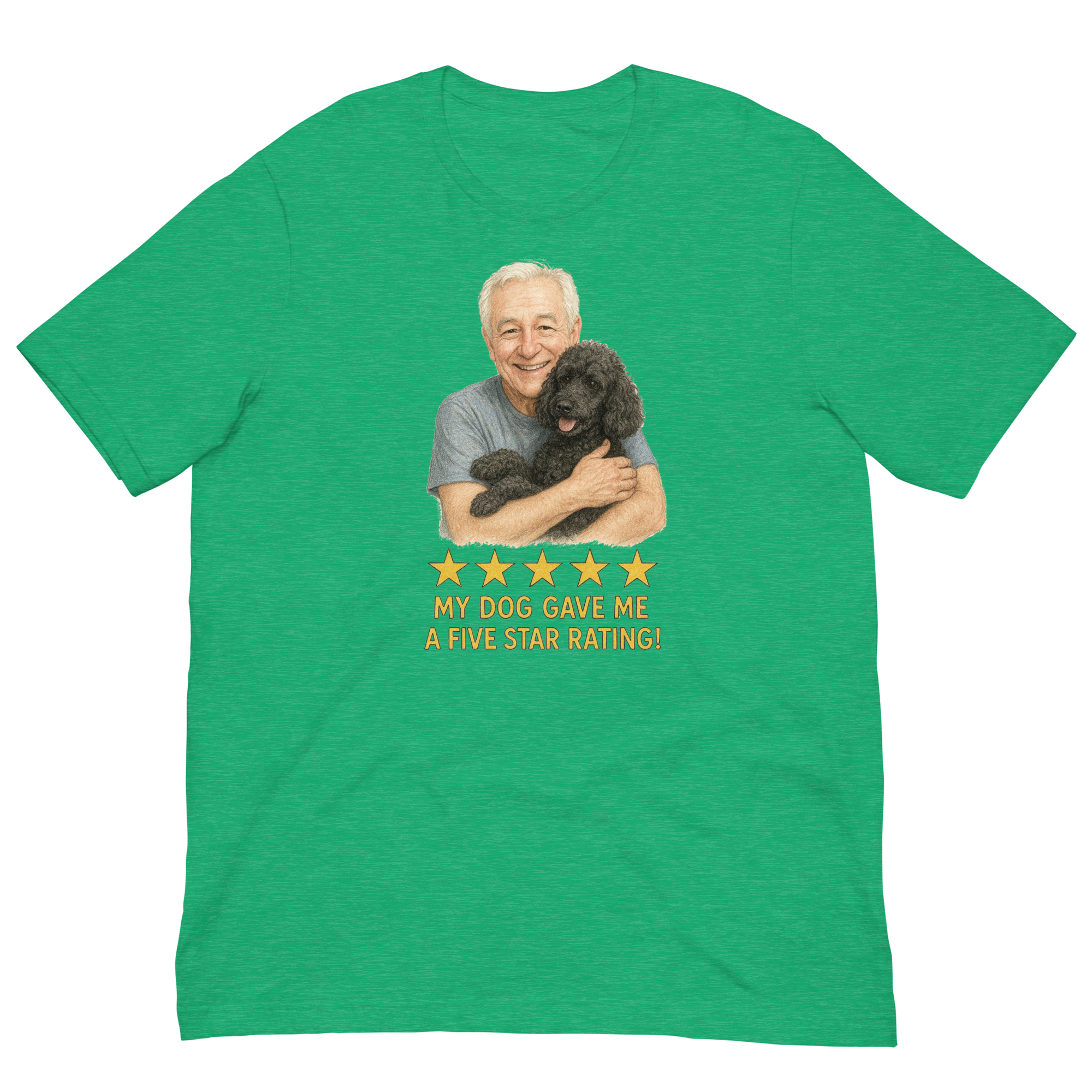 White Hair Man with Black Poodle graphic tee.