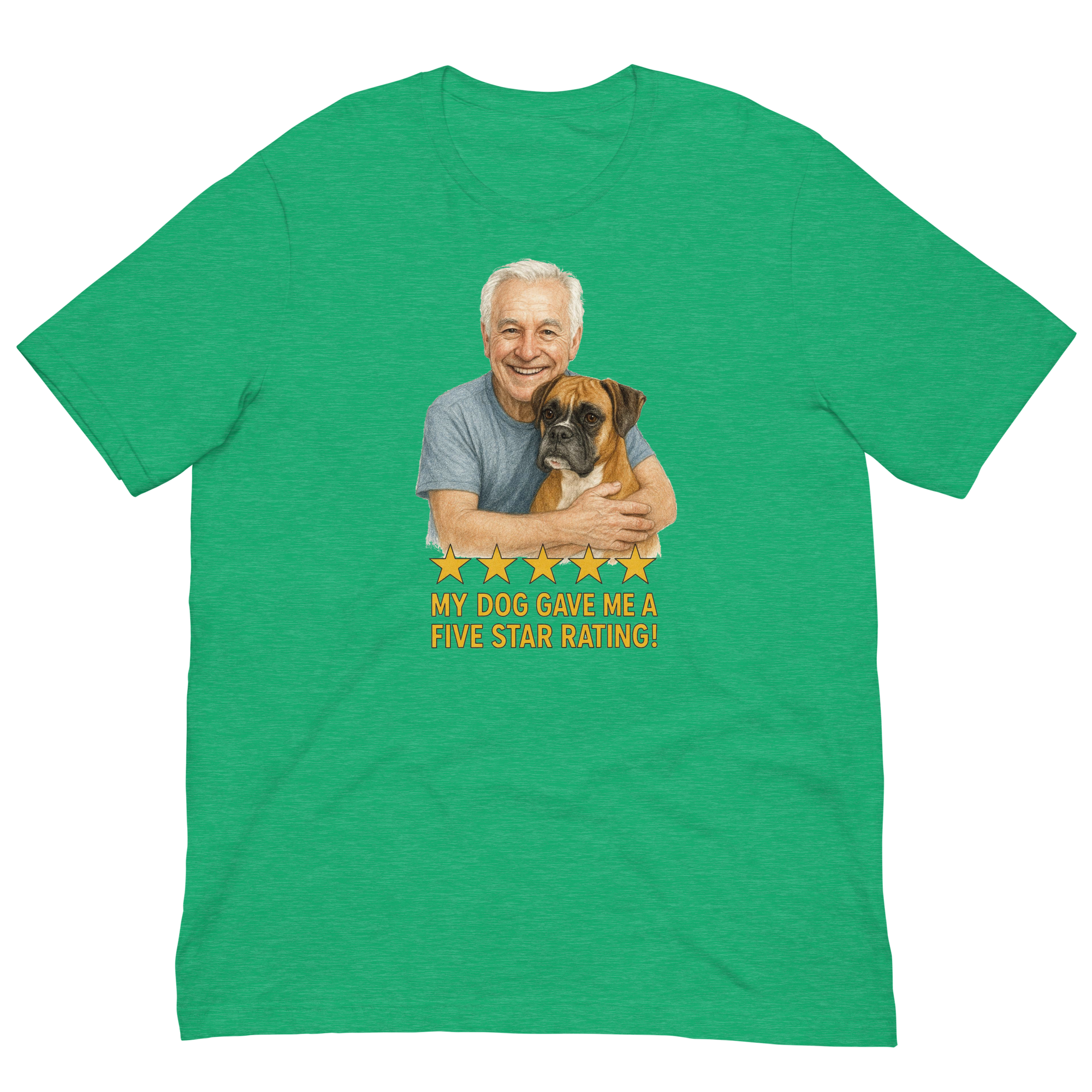 White Hair Man with Boxer graphic tee.