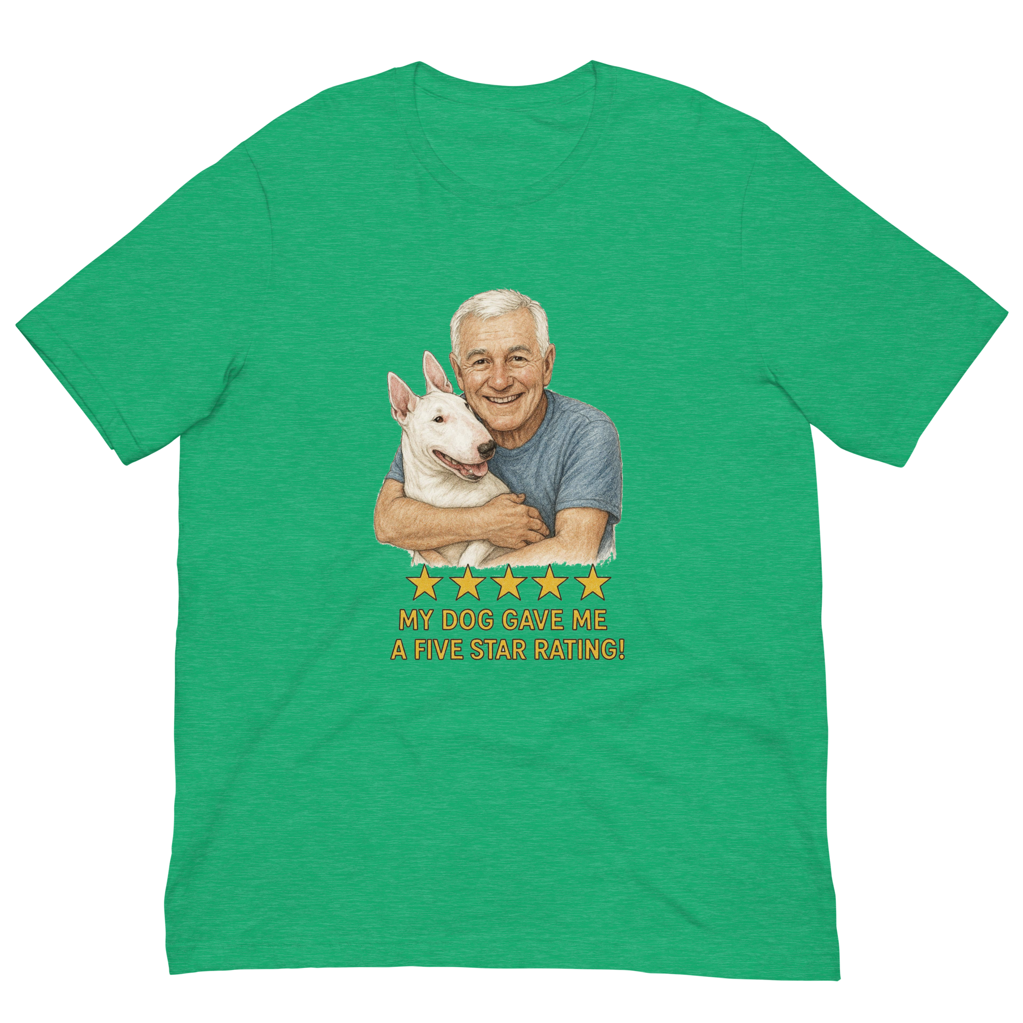 White Hair Man with Bull Terrier graphic tee.