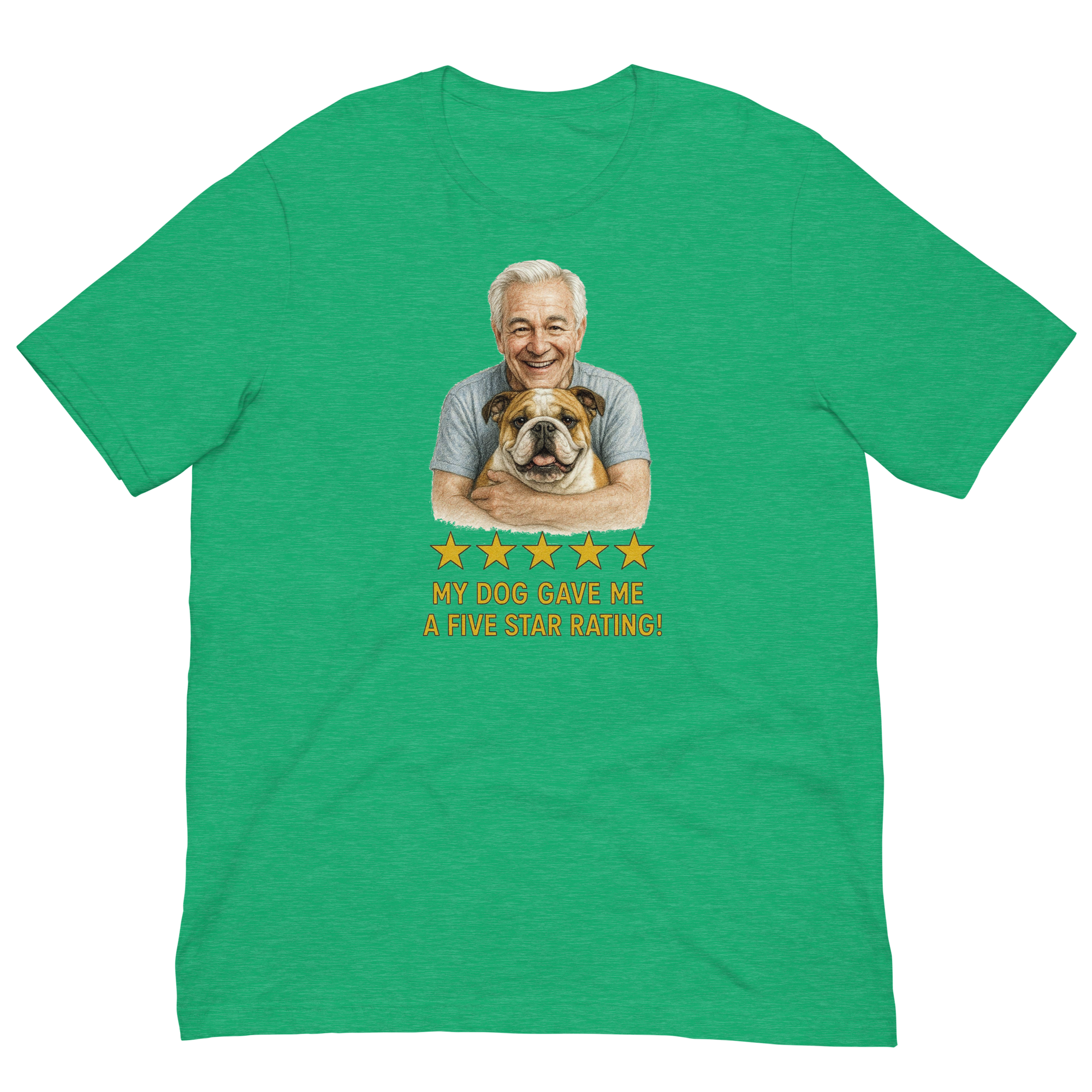 White Hair Man with Bulldog graphic tee.