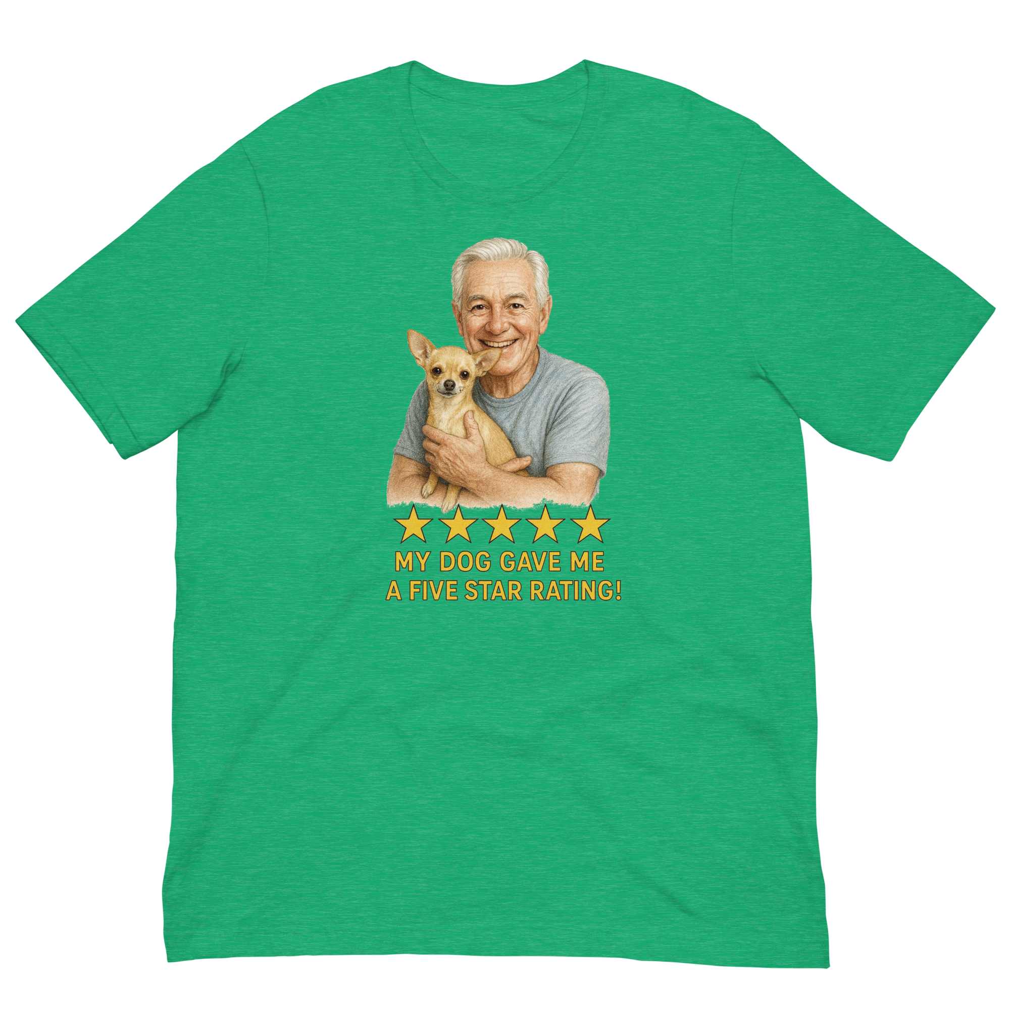White Hair Man with Chihuahua graphic tee.