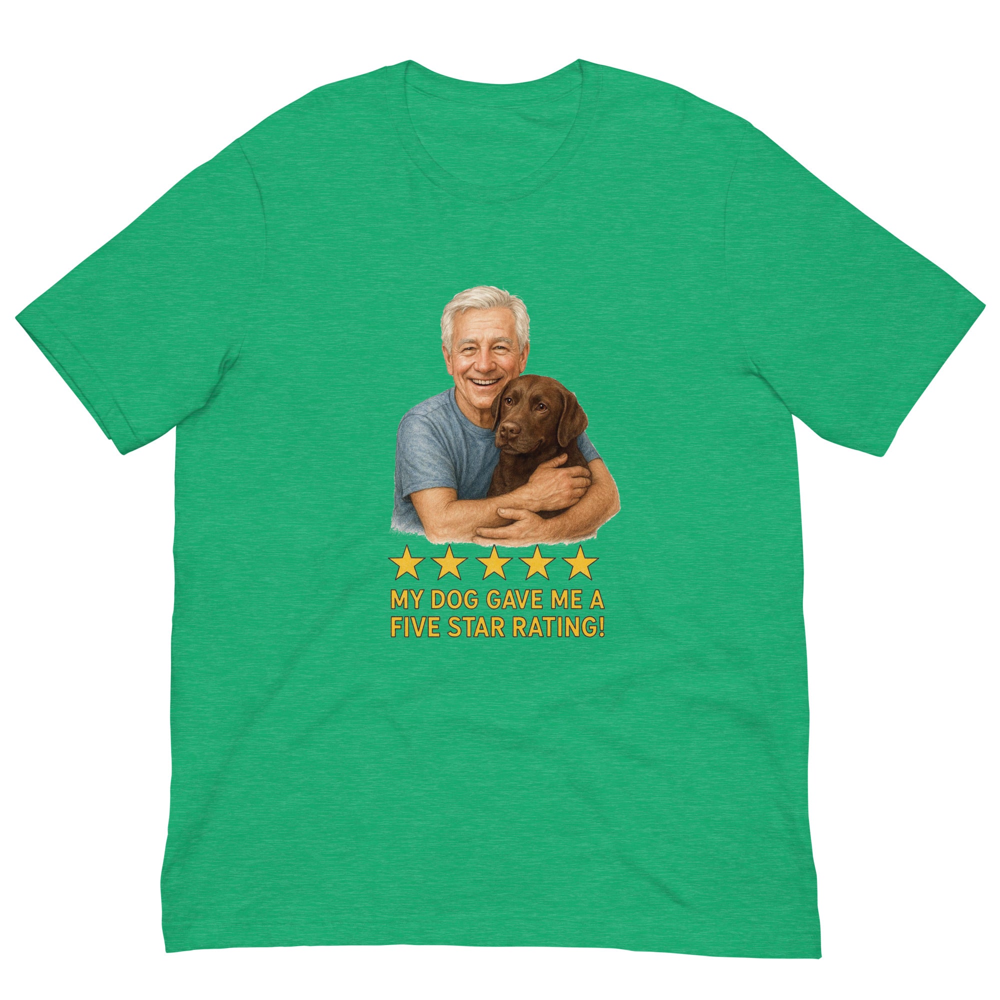 White Hair Man with Chocolate Labrador graphic tee.