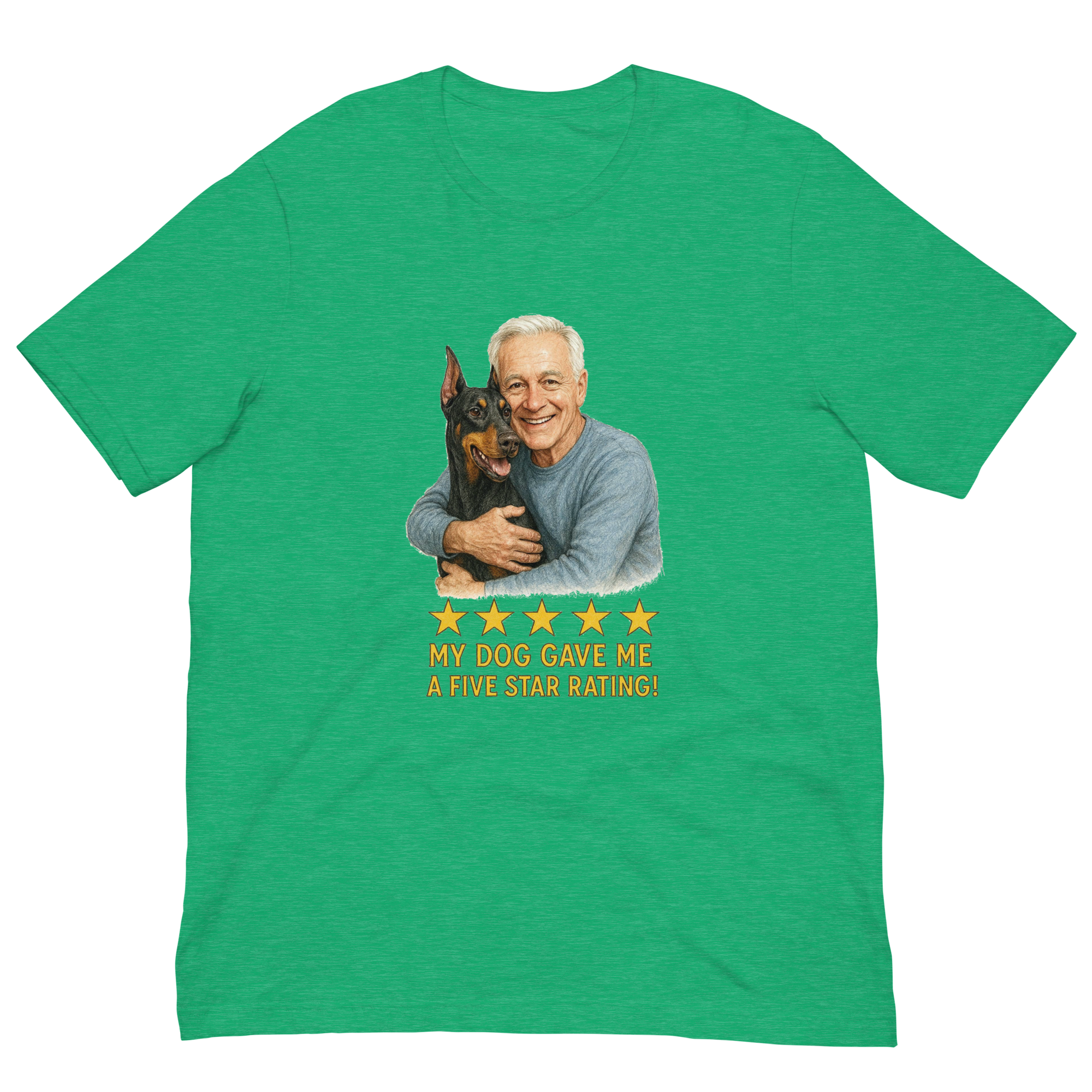 White Hair Man with Doberman Pinscher graphic tee.