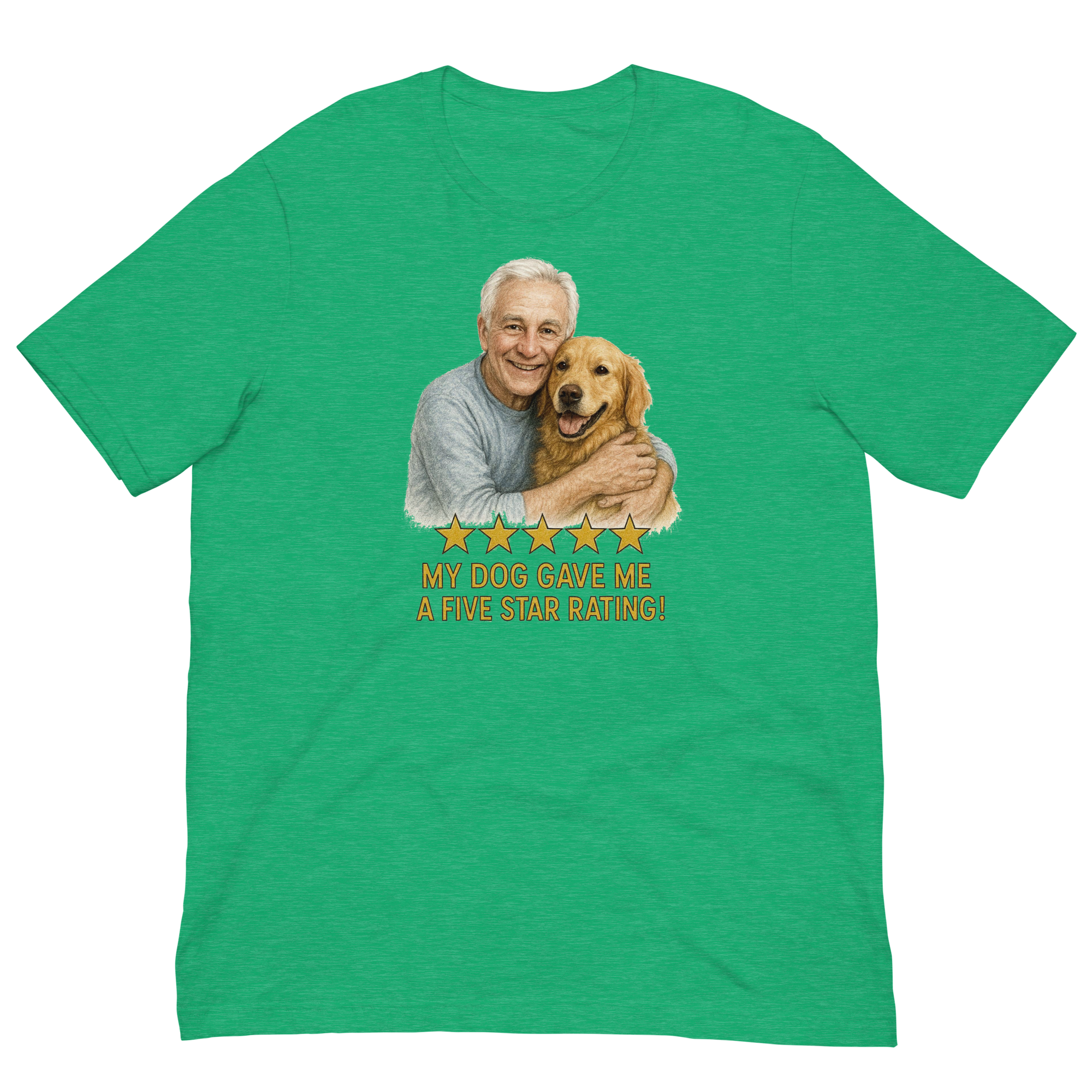 White Hair Man with Golden Retriever graphic tee.