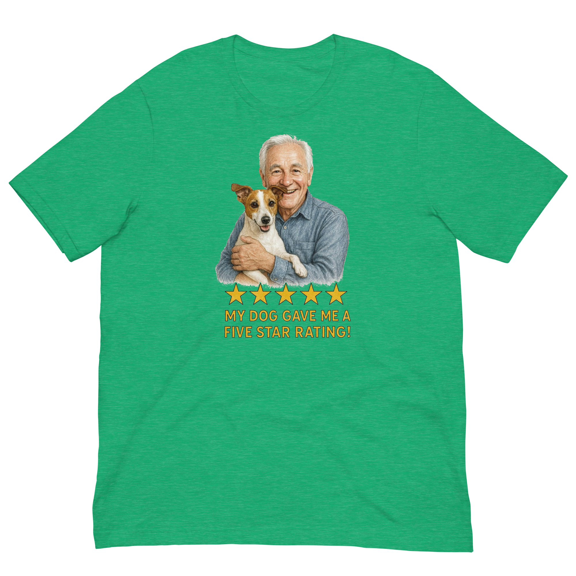 White Hair Man with Jack Russell Terrier graphic tee.