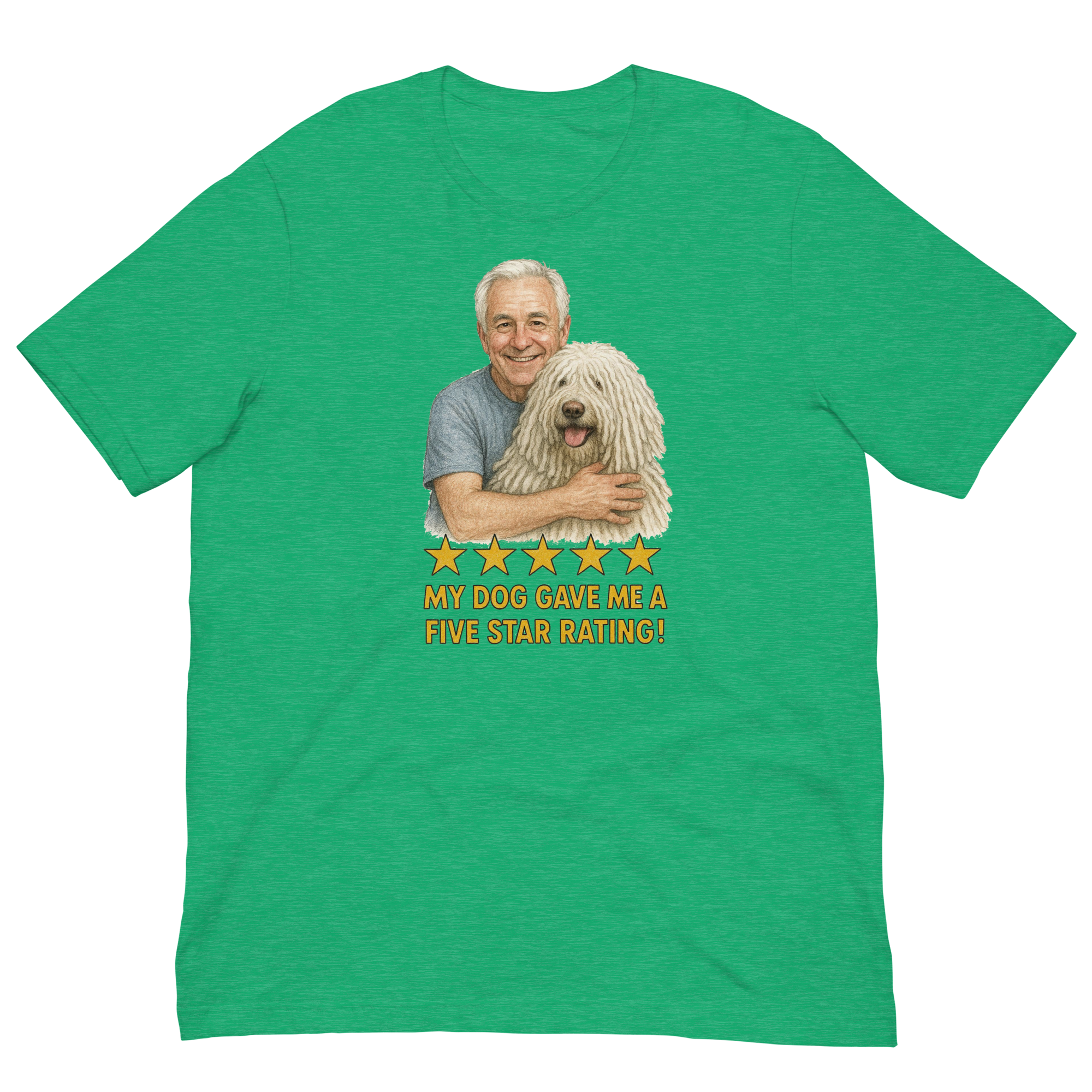 White Hair Man with Komondor graphic tee.