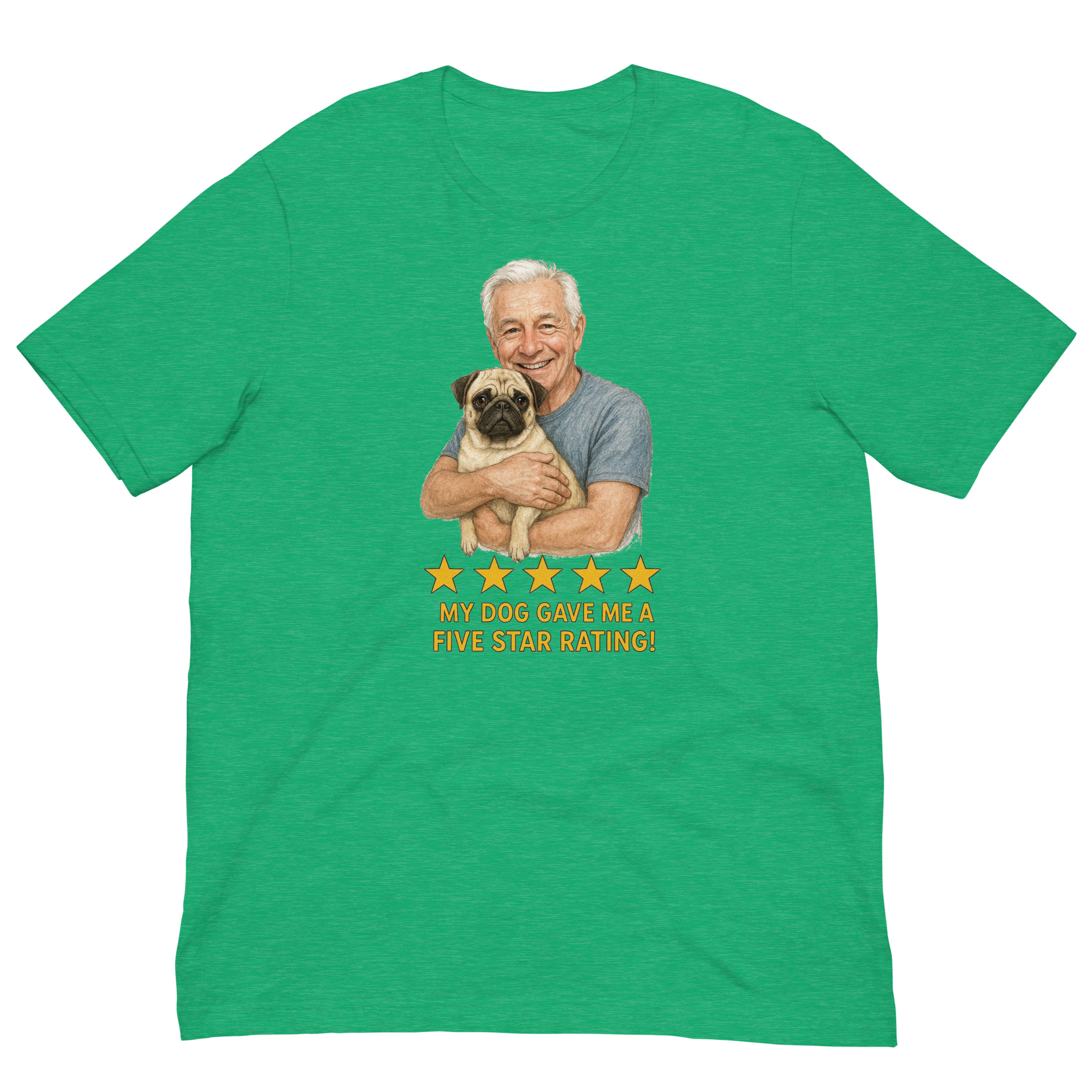 White Hair Man with Pug graphic tee.