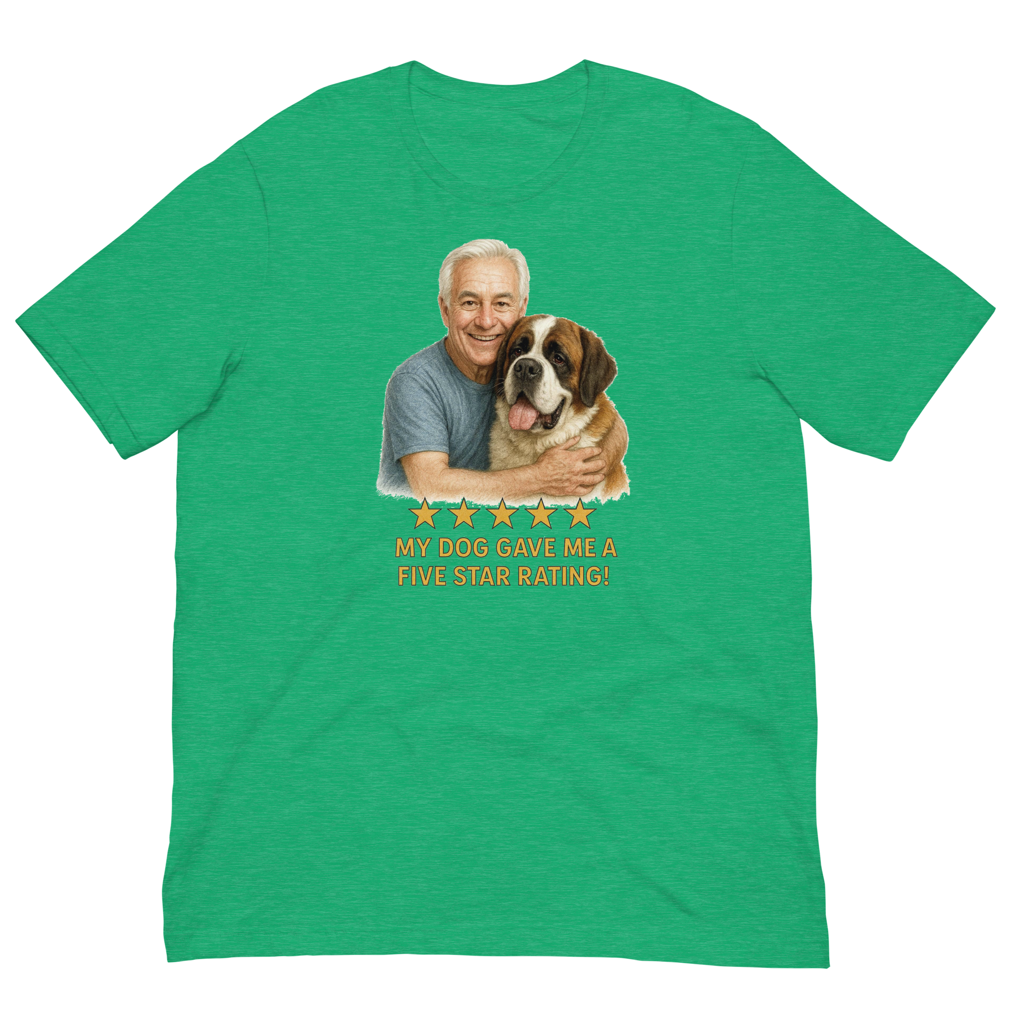 White Hair Man with Saint Bernard graphic tee.