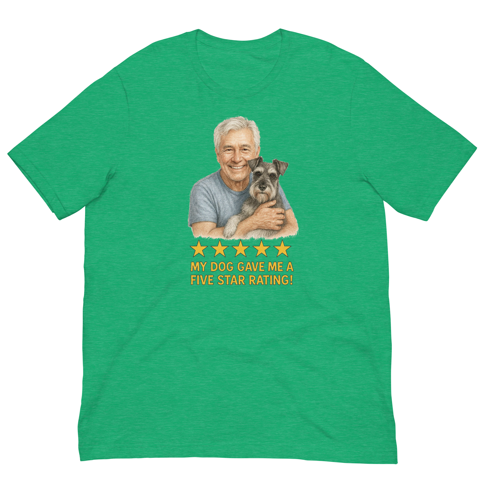 White Hair Man with Schnauzer graphic tee.