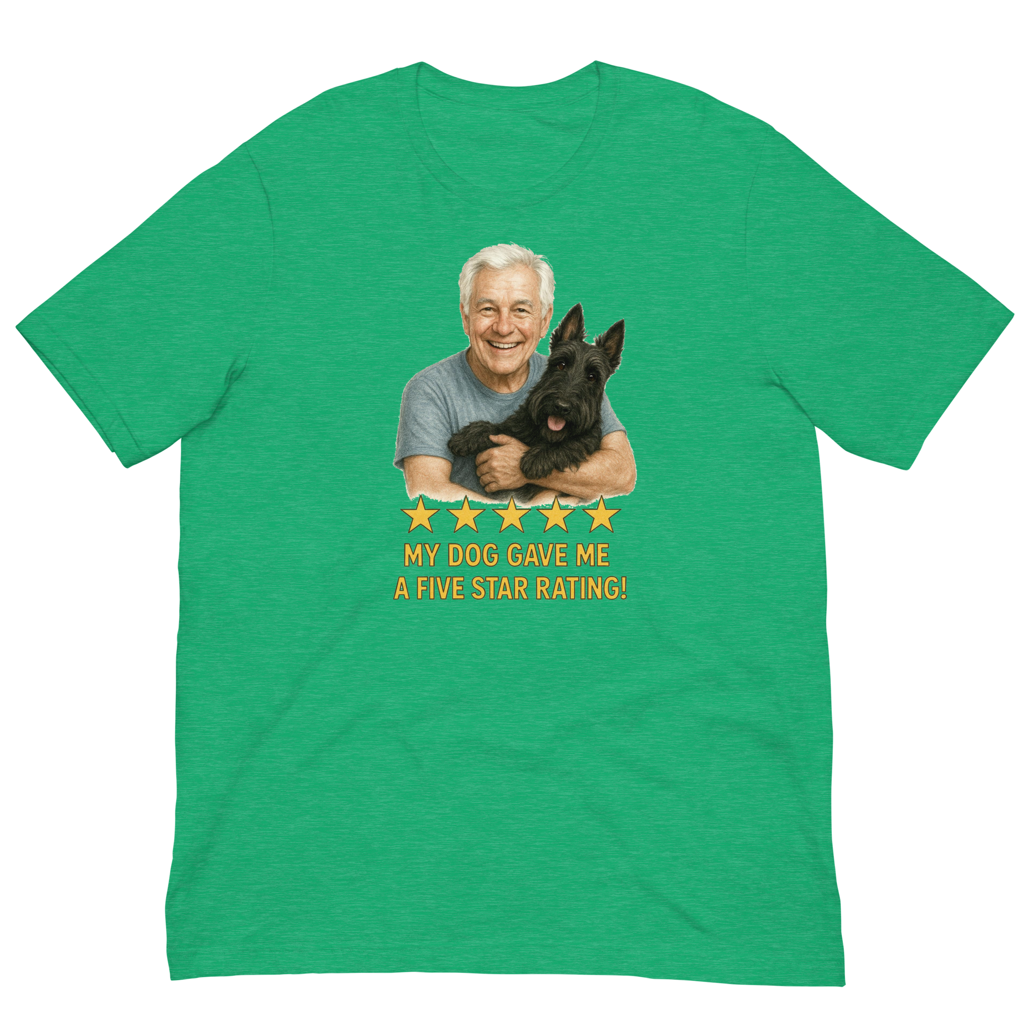 White Hair Man with Scottie graphic tee.