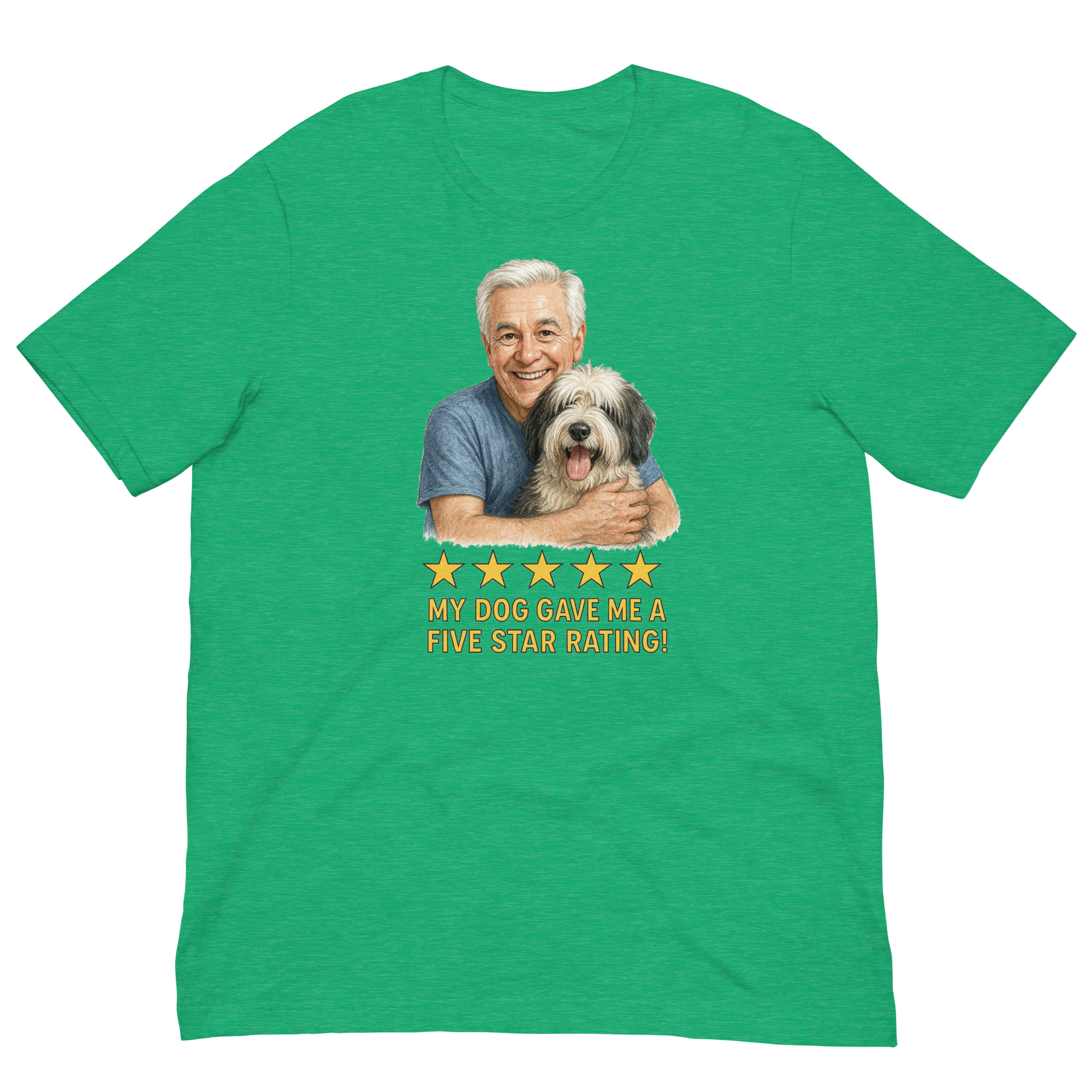 White Hair Man with Sheepdog graphic tee.