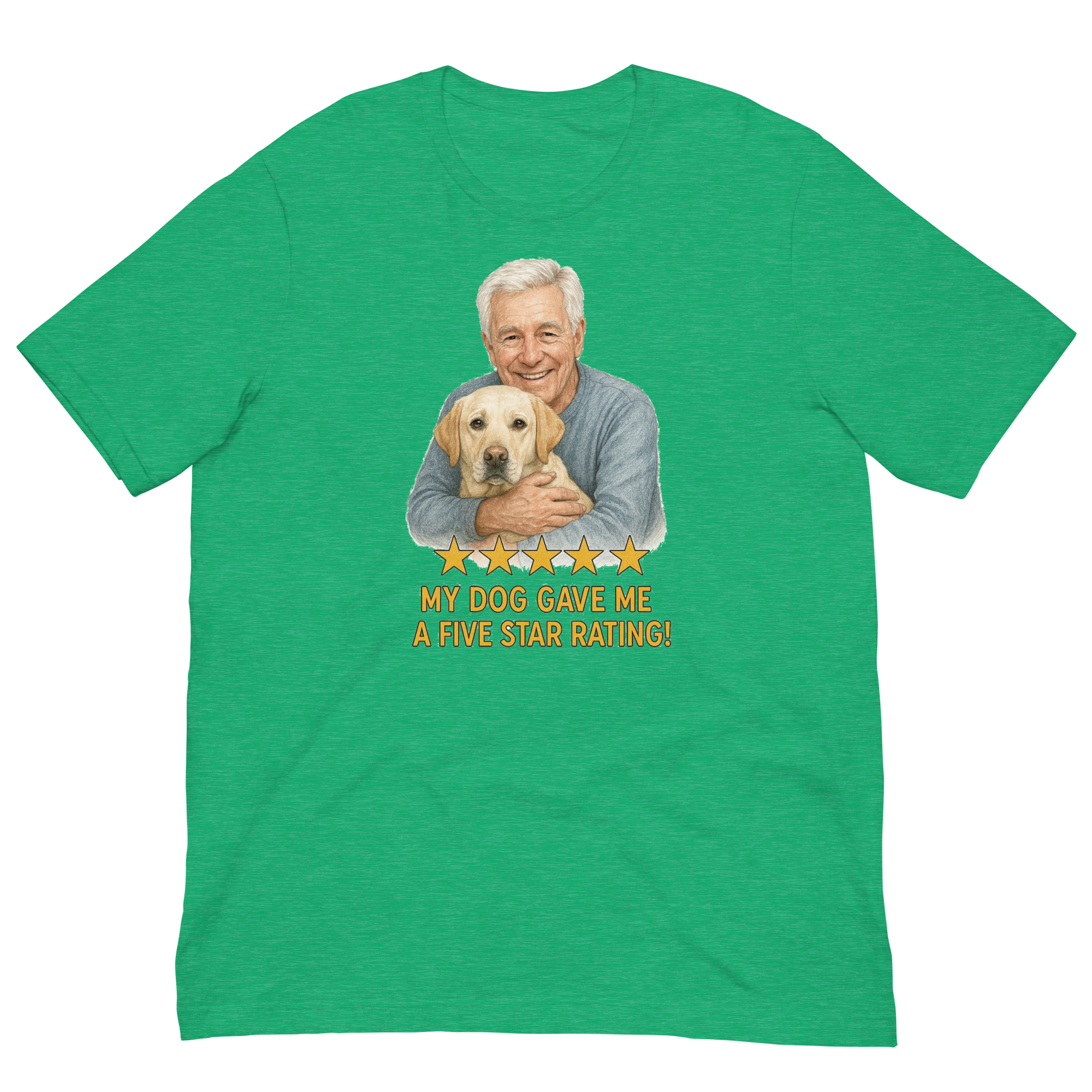 White Hair Man with Yellow Labrador graphic tee.