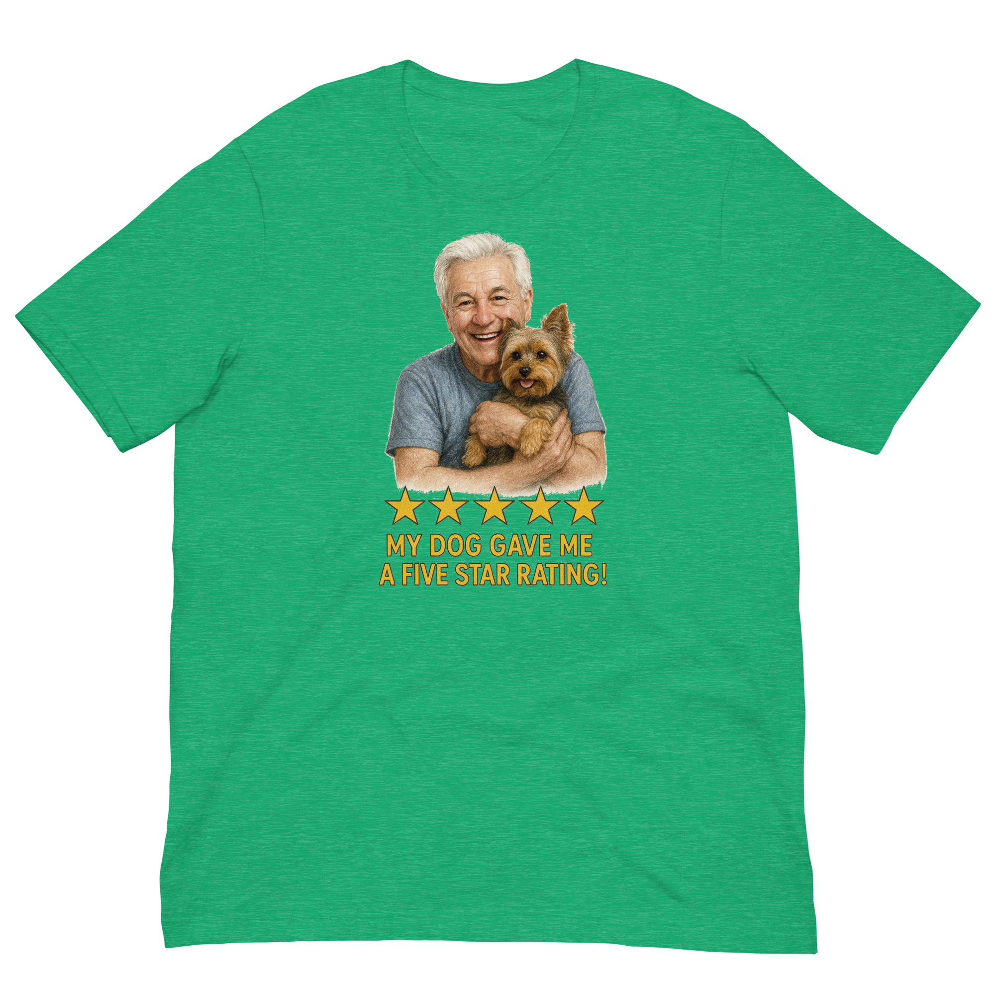 White Hair Man with Yorkie graphic tee.