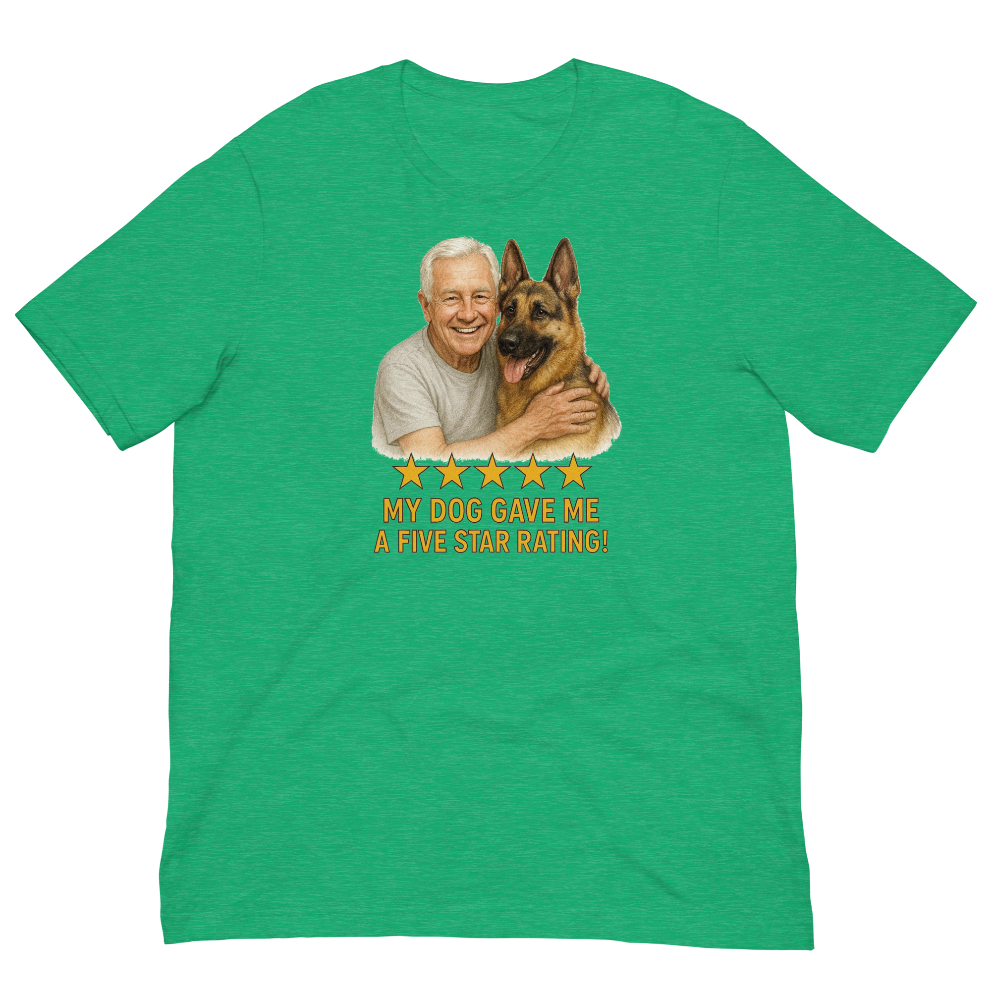 White Hair Man with German Shepherd graphic tee.
