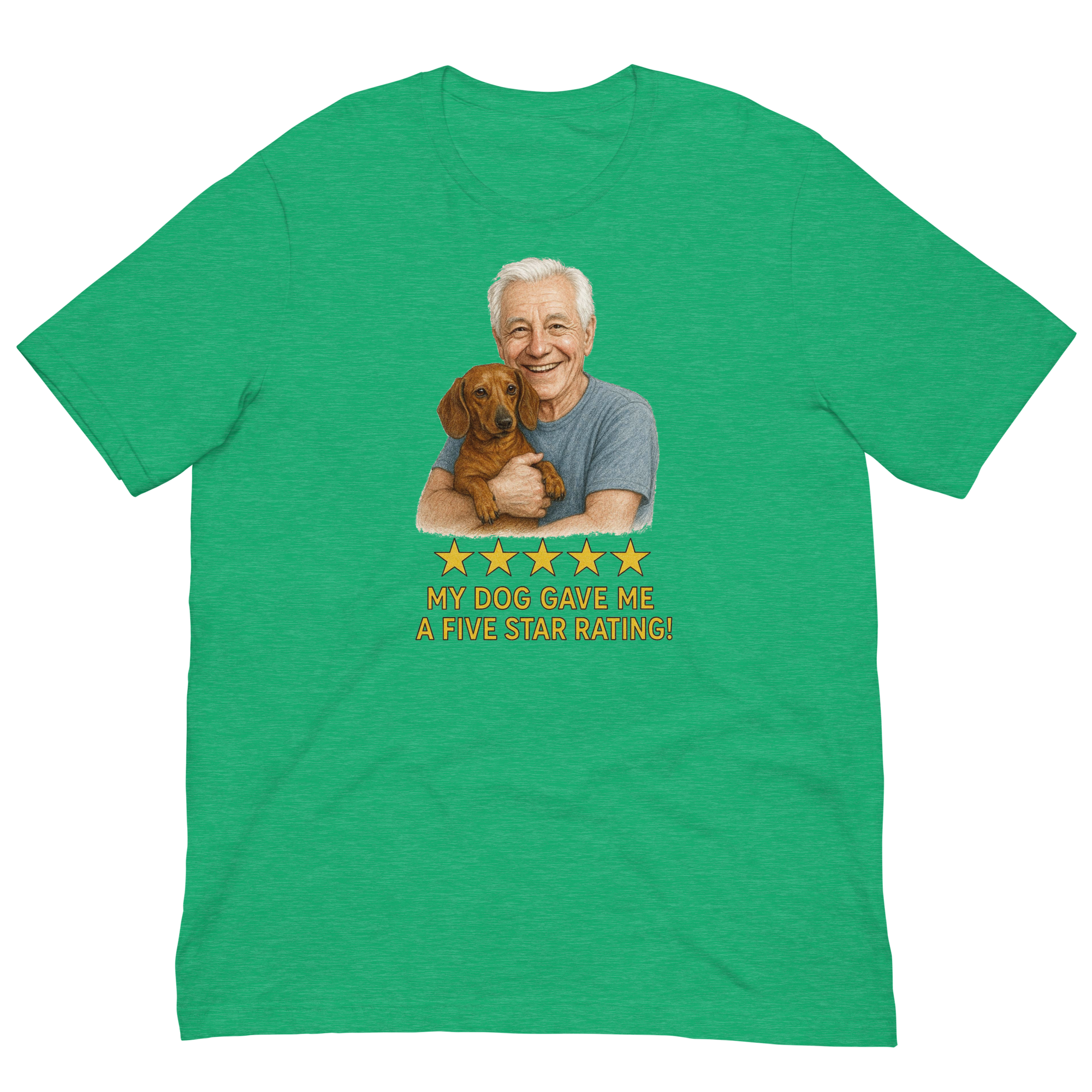 White Hair Man with Dachshund graphic tee.