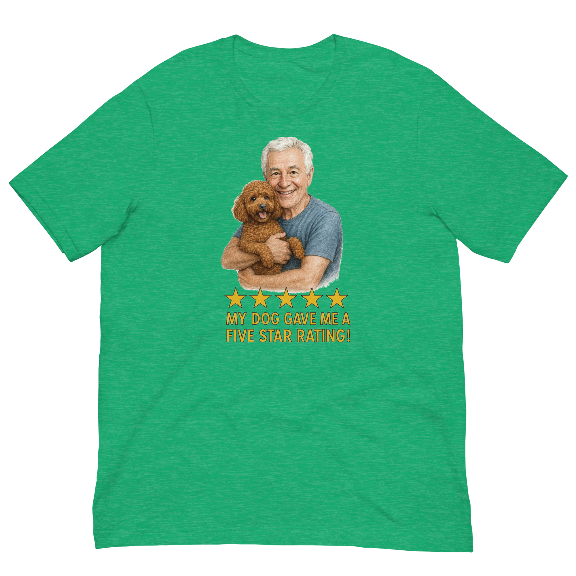 White Hair Man with Brown Poodle graphic tee.
