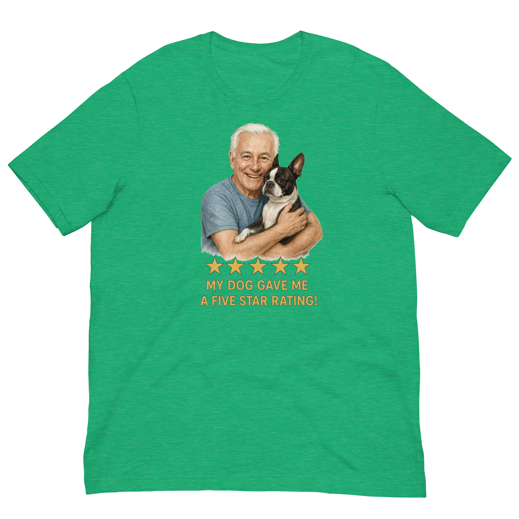 White Hair Man with Boston Terrier graphic tee.