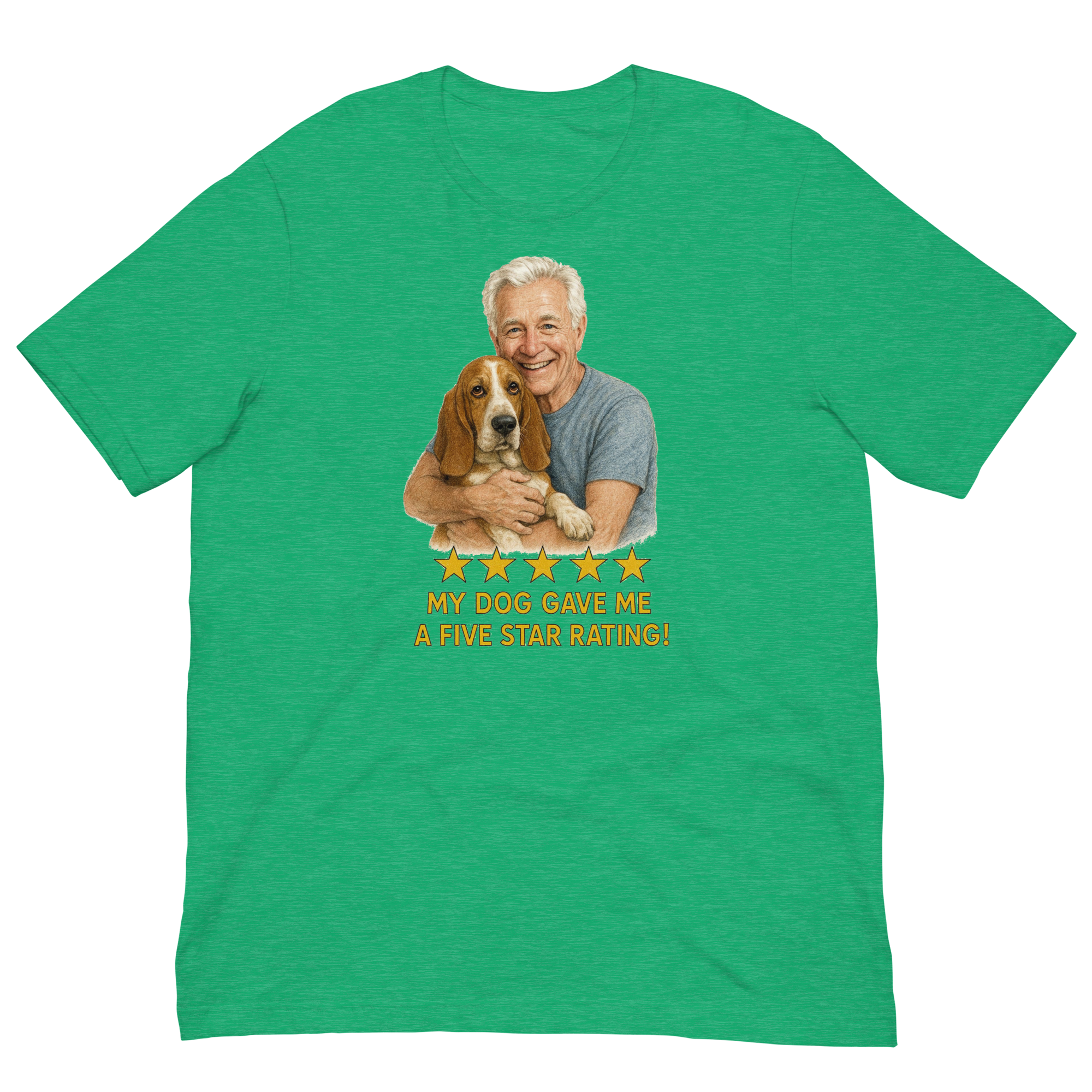 White Hair Man with Basset Hound graphic tee.