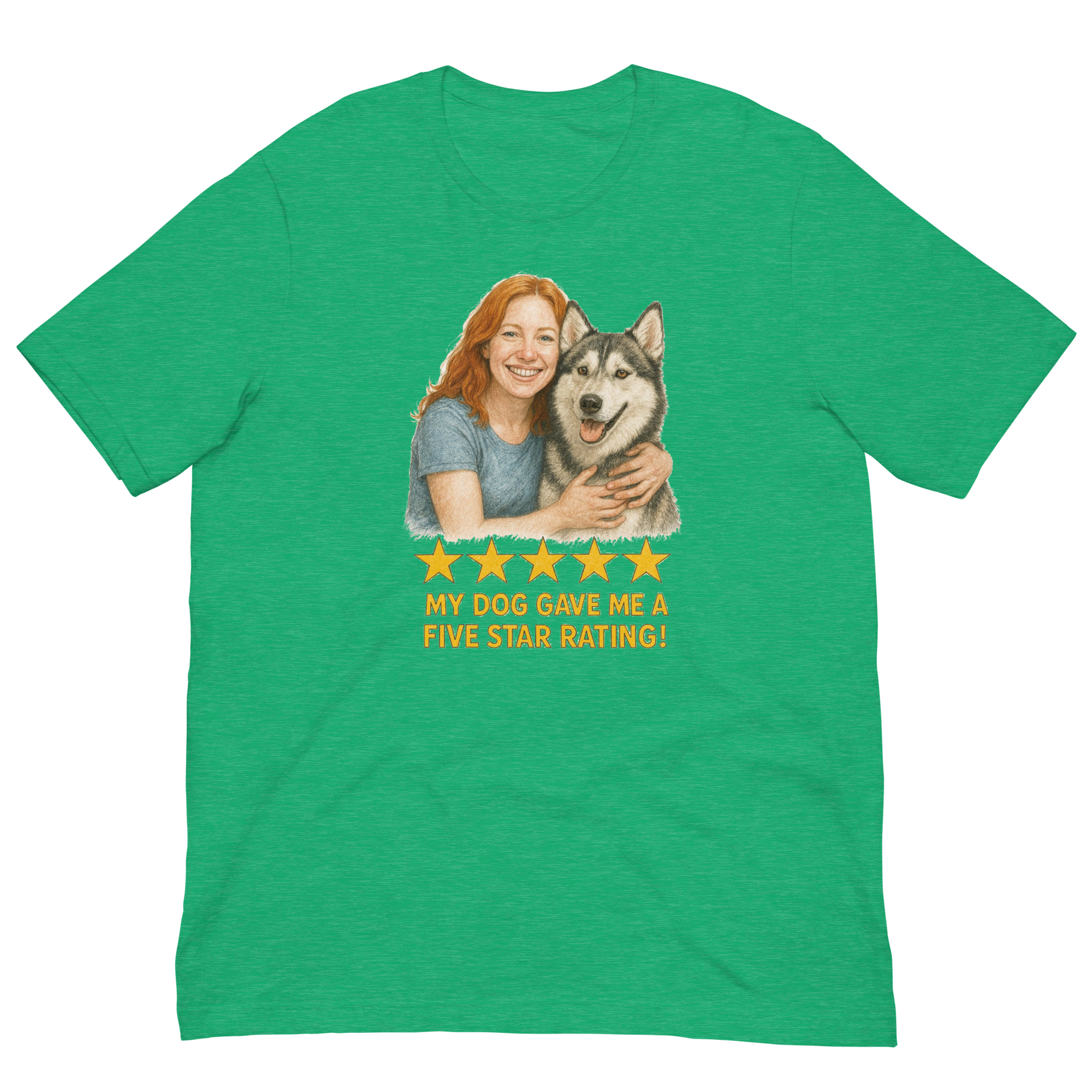 Red Hair Woman with Alaskan Husky graphic tee.