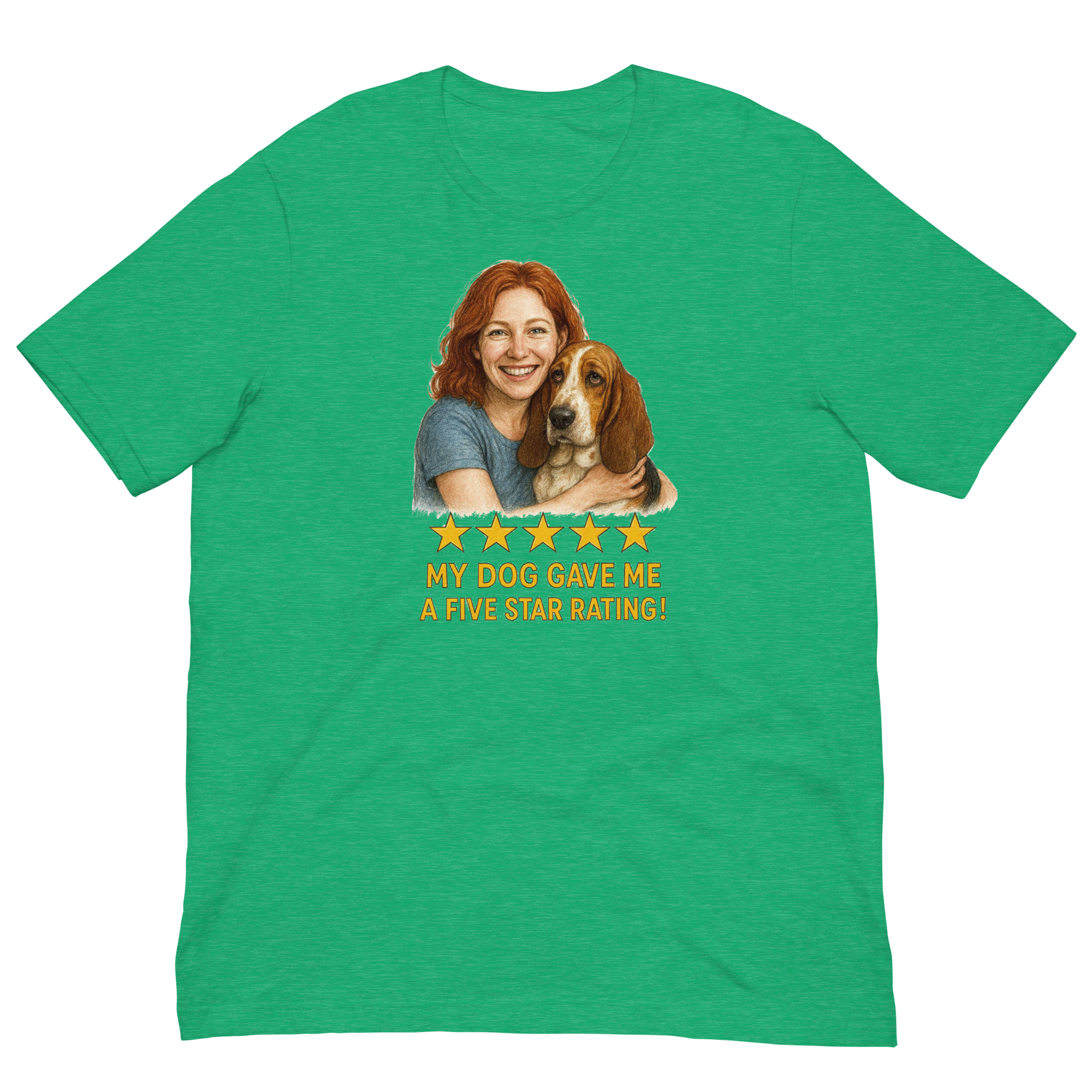 Red Hair Woman with Basset Hound graphic tee.
