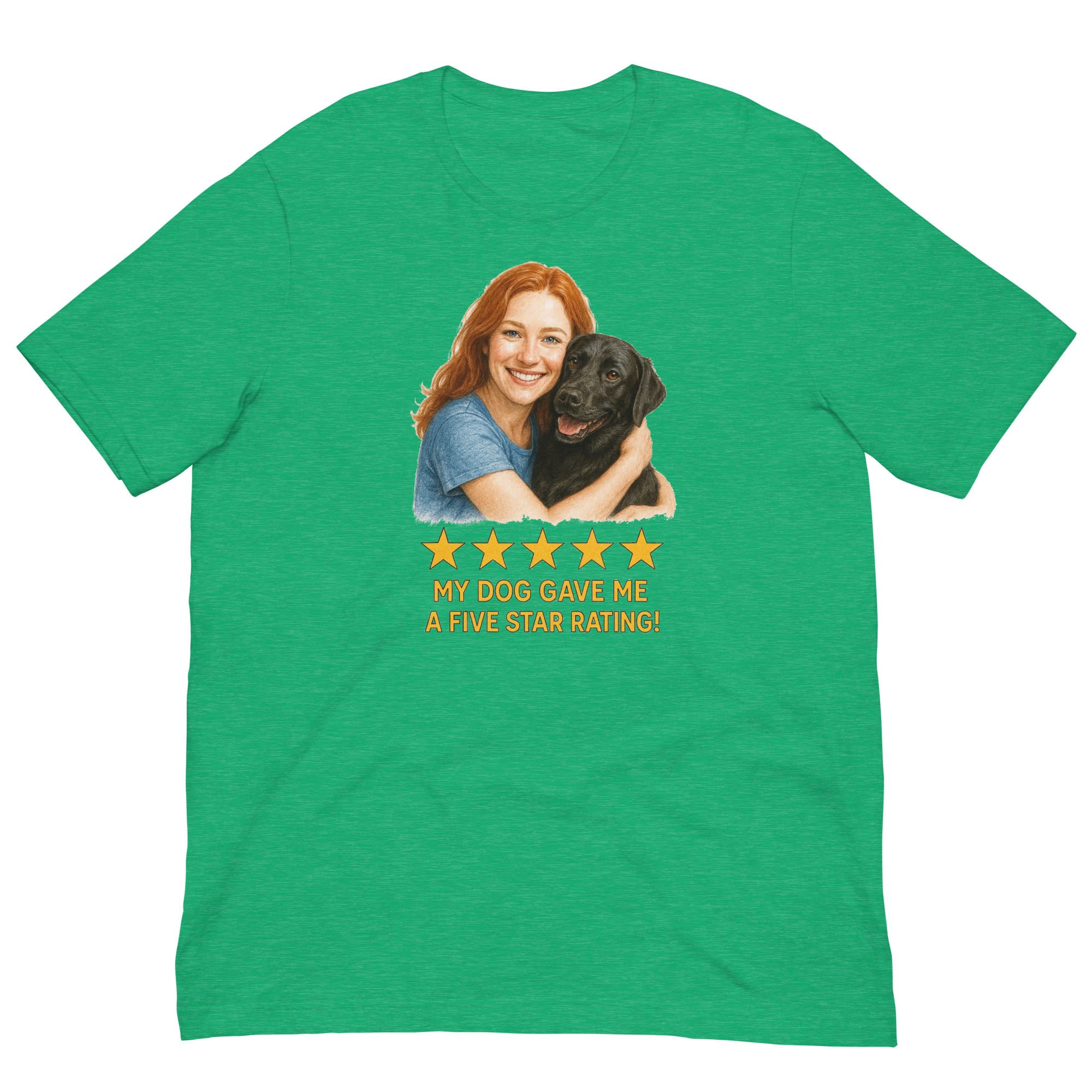 Red Hair Woman with Black Labrador graphic tee.