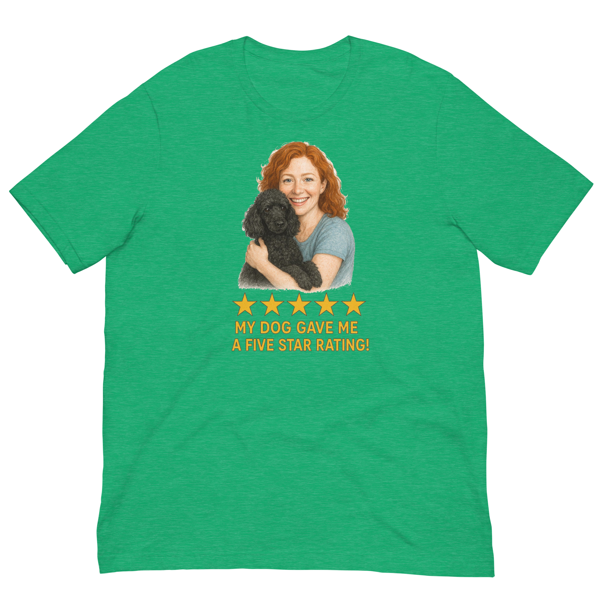 Red Hair Woman with Black Poodle graphic tee.