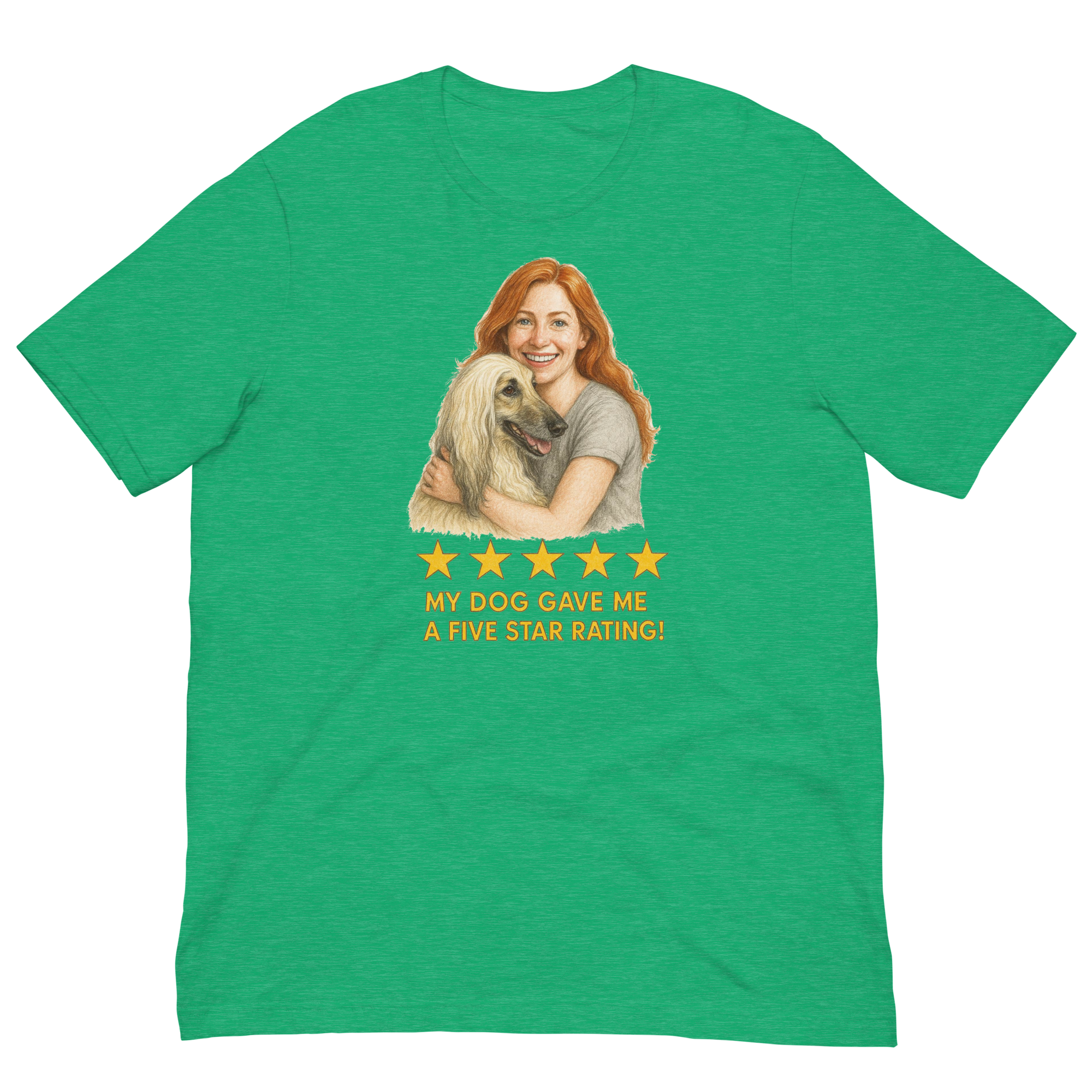Red Hair Woman with Afghan Hound graphic tee.