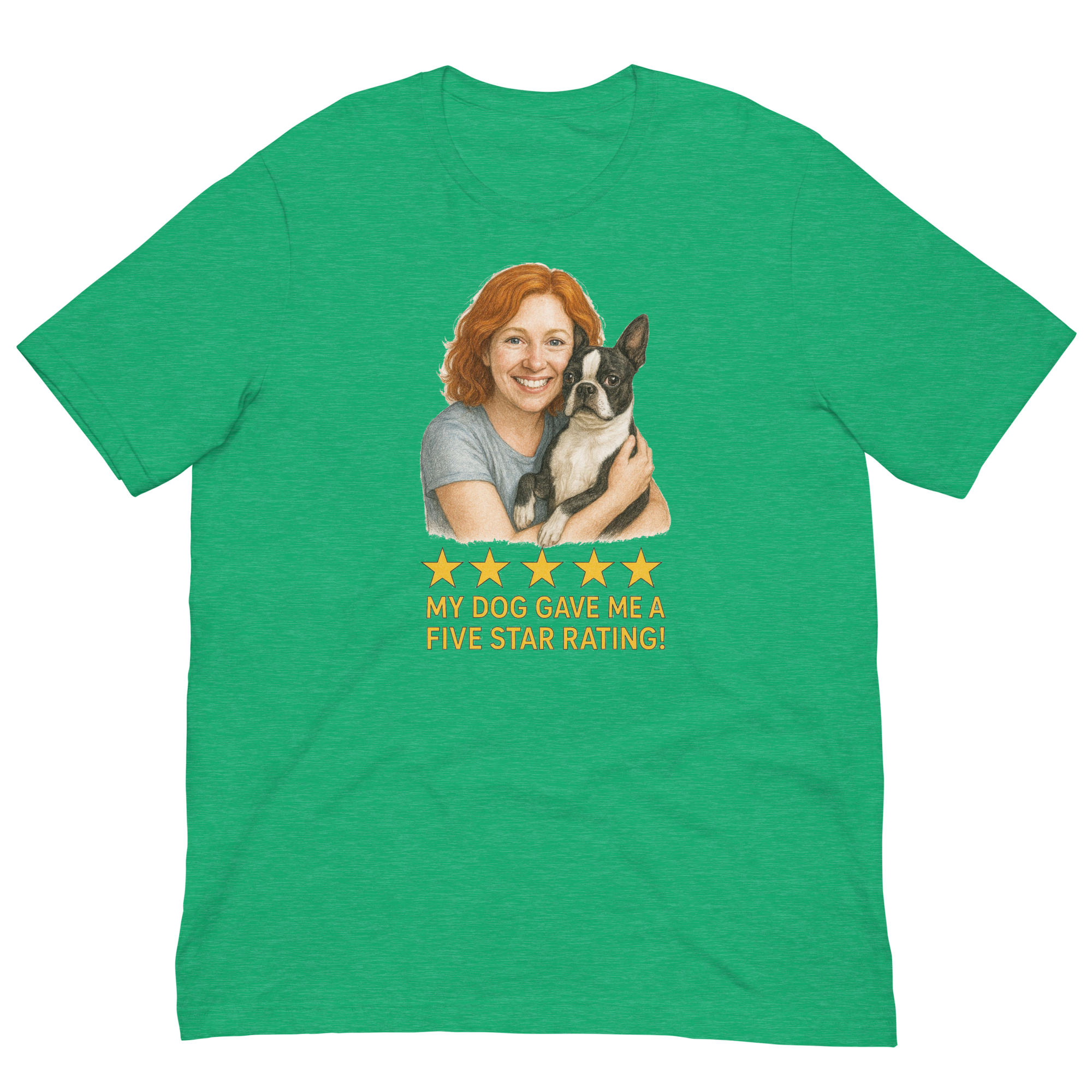 Red Hair Woman with Boston Terrier graphic tee.