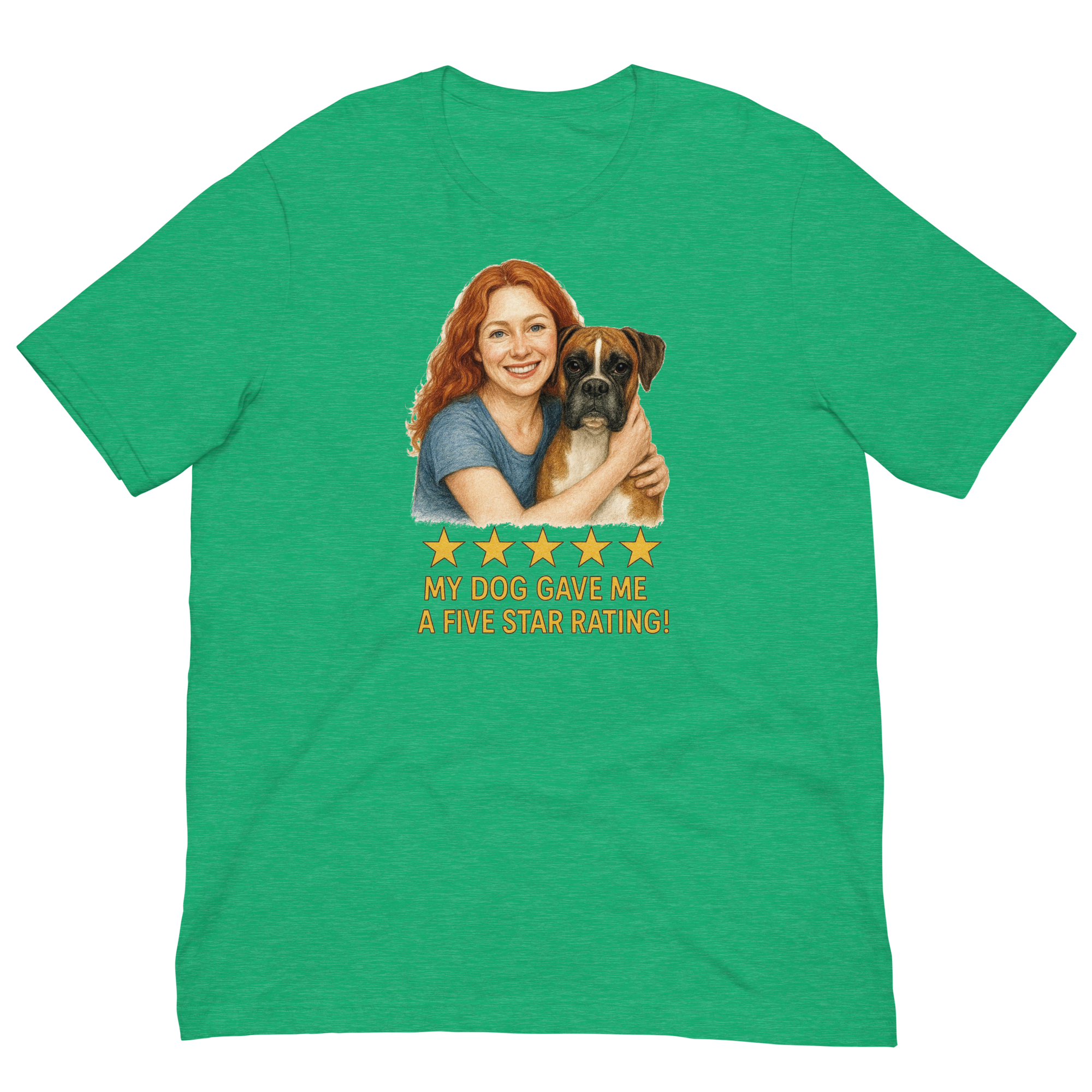 Red Hair Woman with Boxer graphic tee.