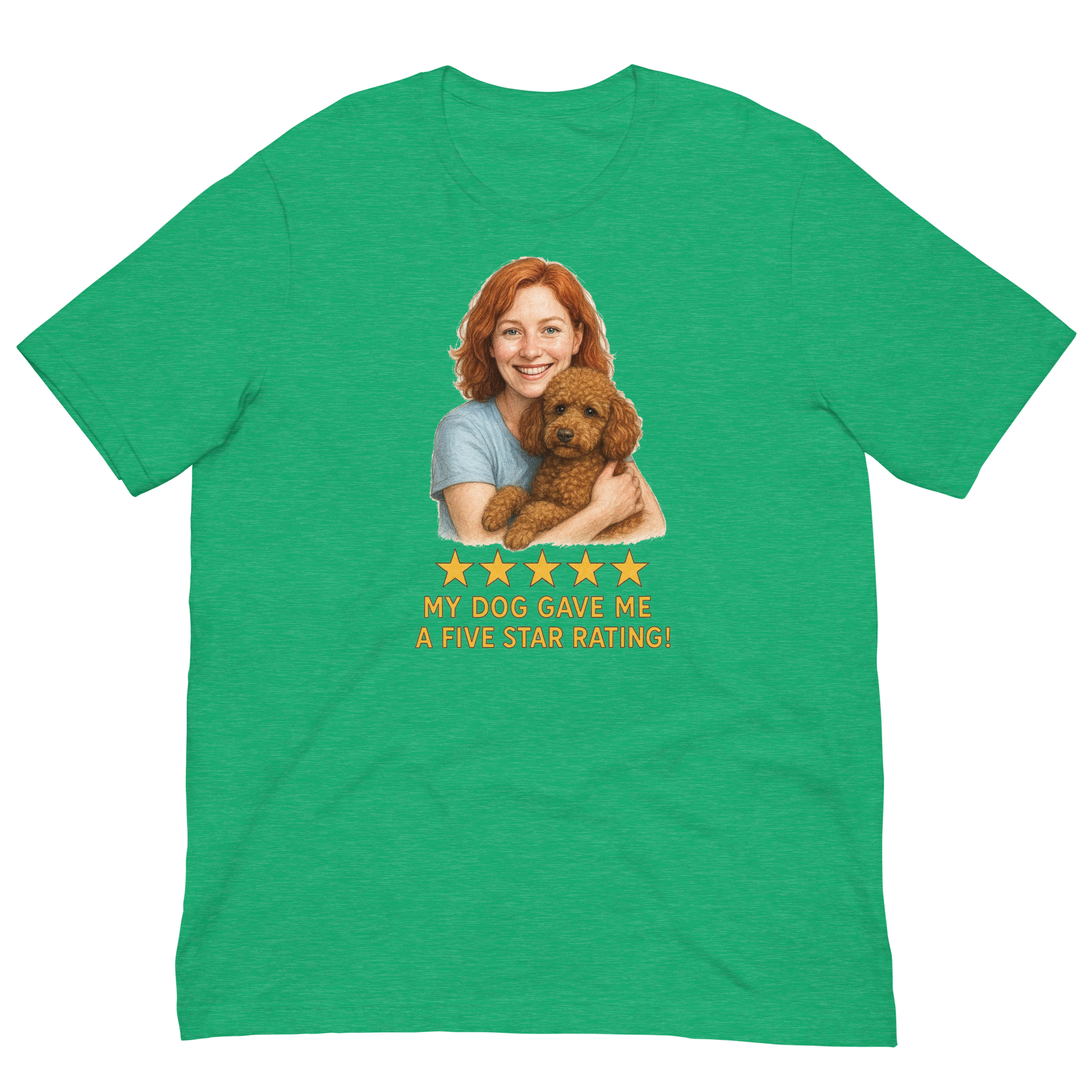 Red Hair Woman with Brown Poodle graphic tee.