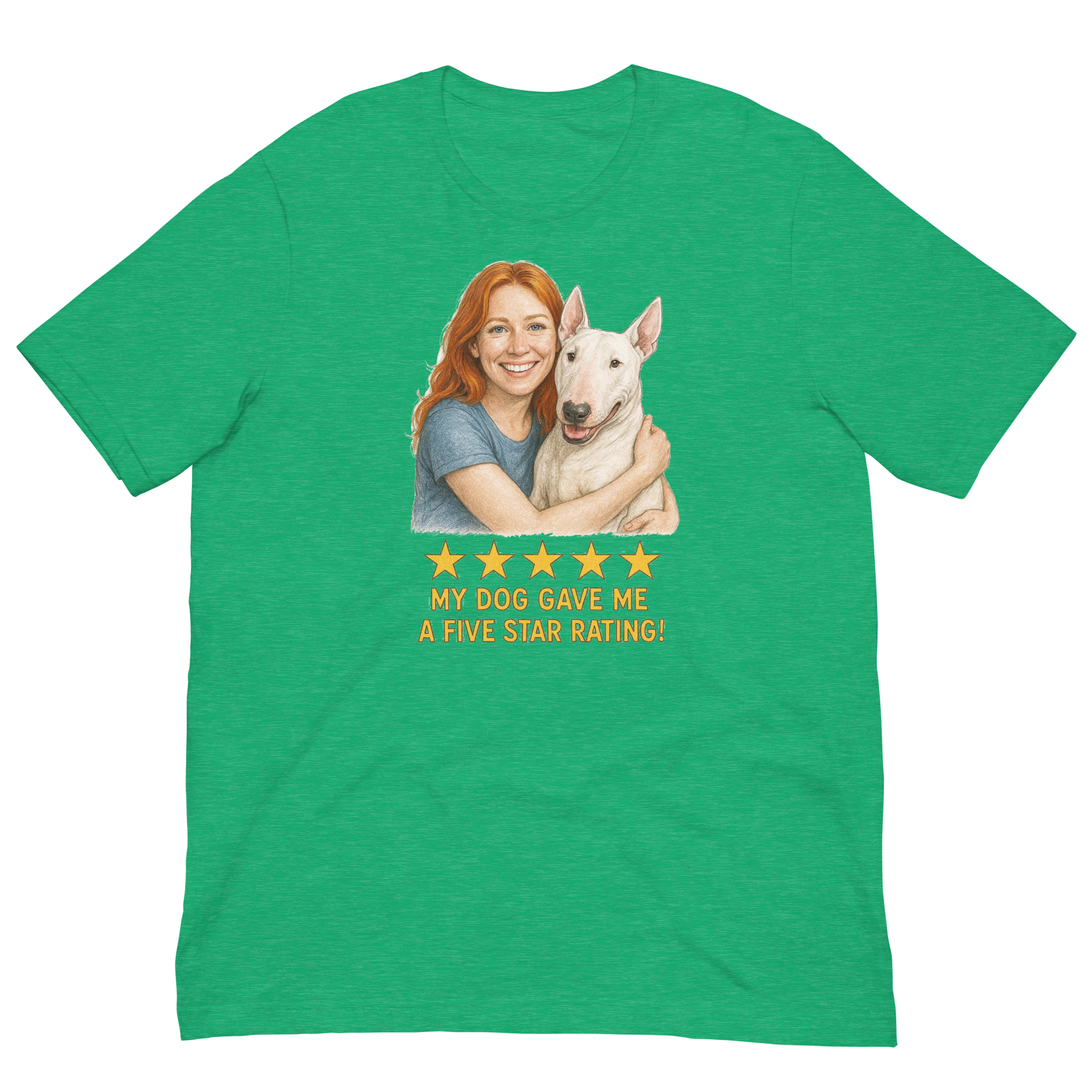 Red Hair Woman with Bull Terrier graphic tee.