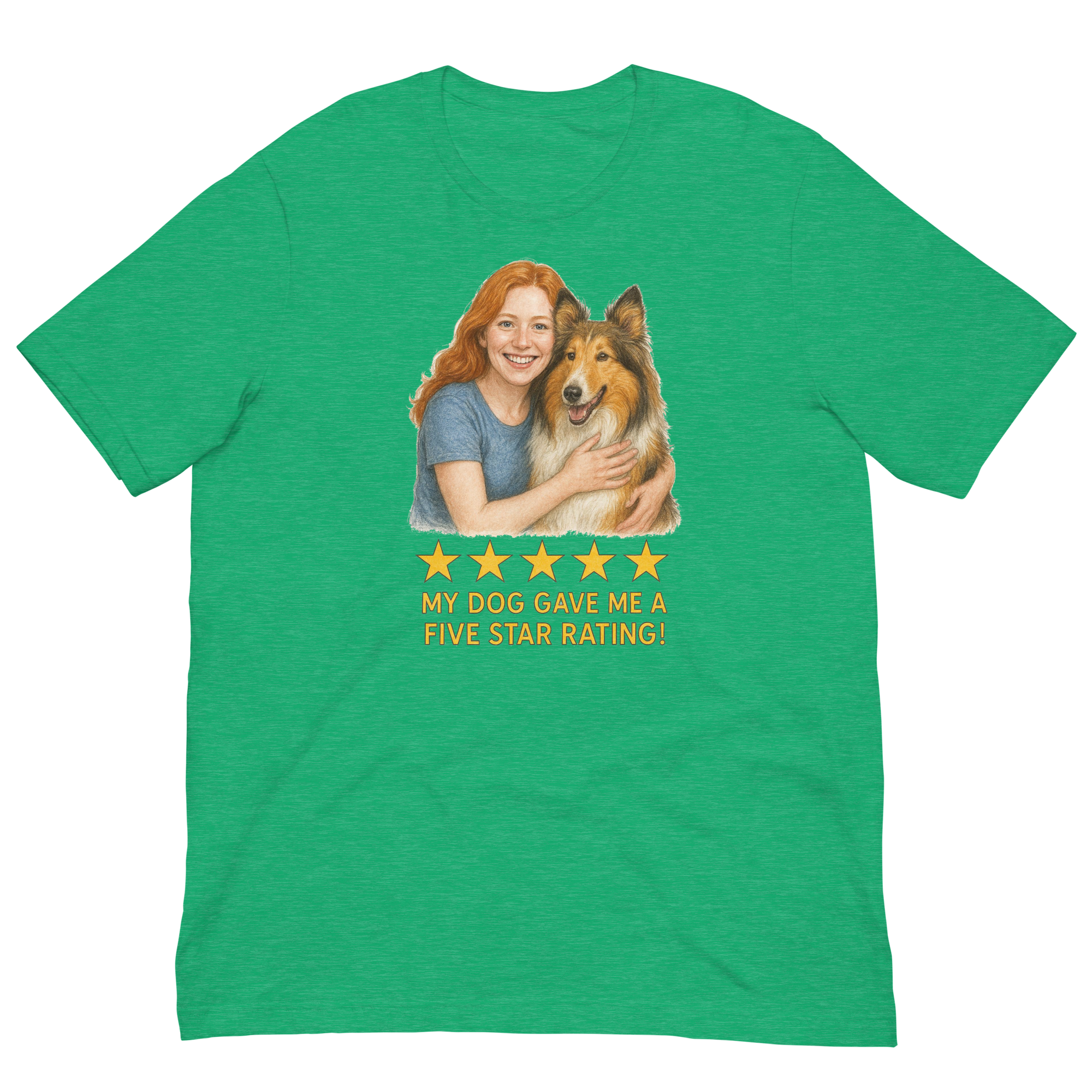 Red Hair Woman with Collie graphic tee.