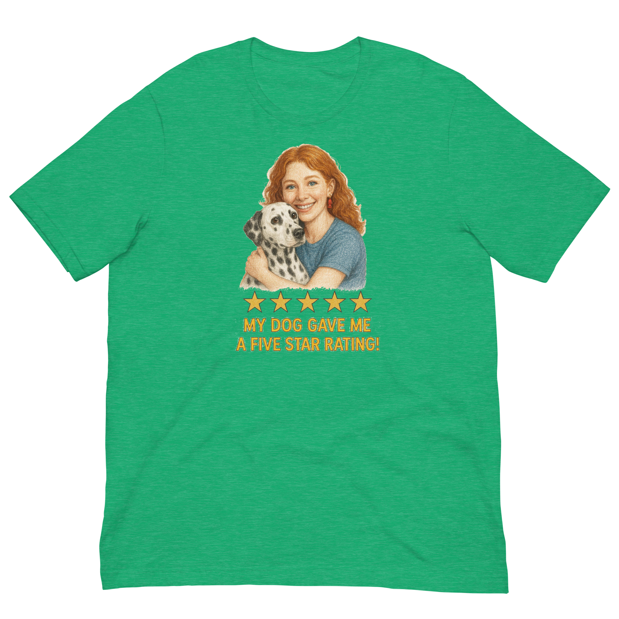 Red Hair Woman with Dalmatian graphic tee.
