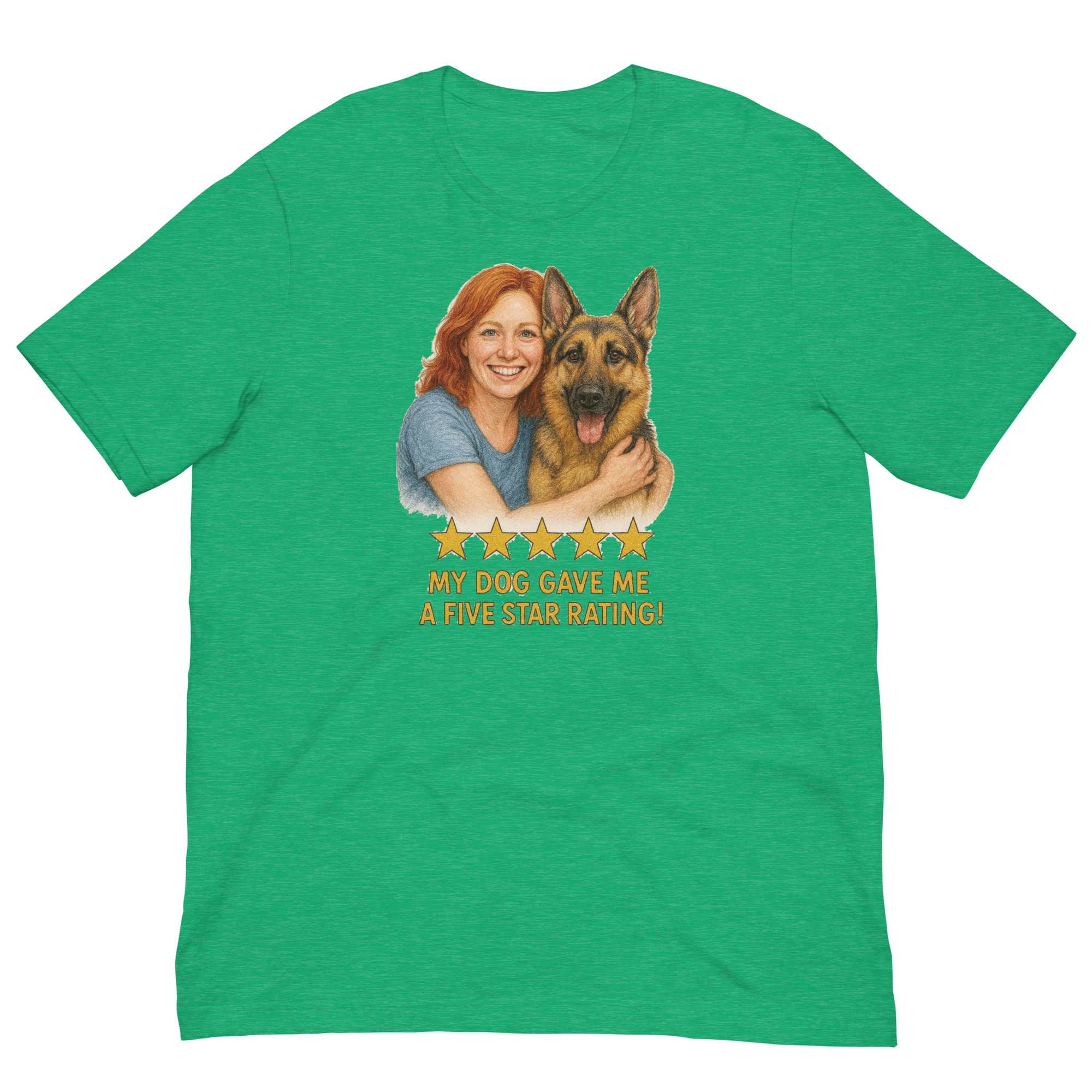 Red Hair Woman with German Shepherd graphic tee.