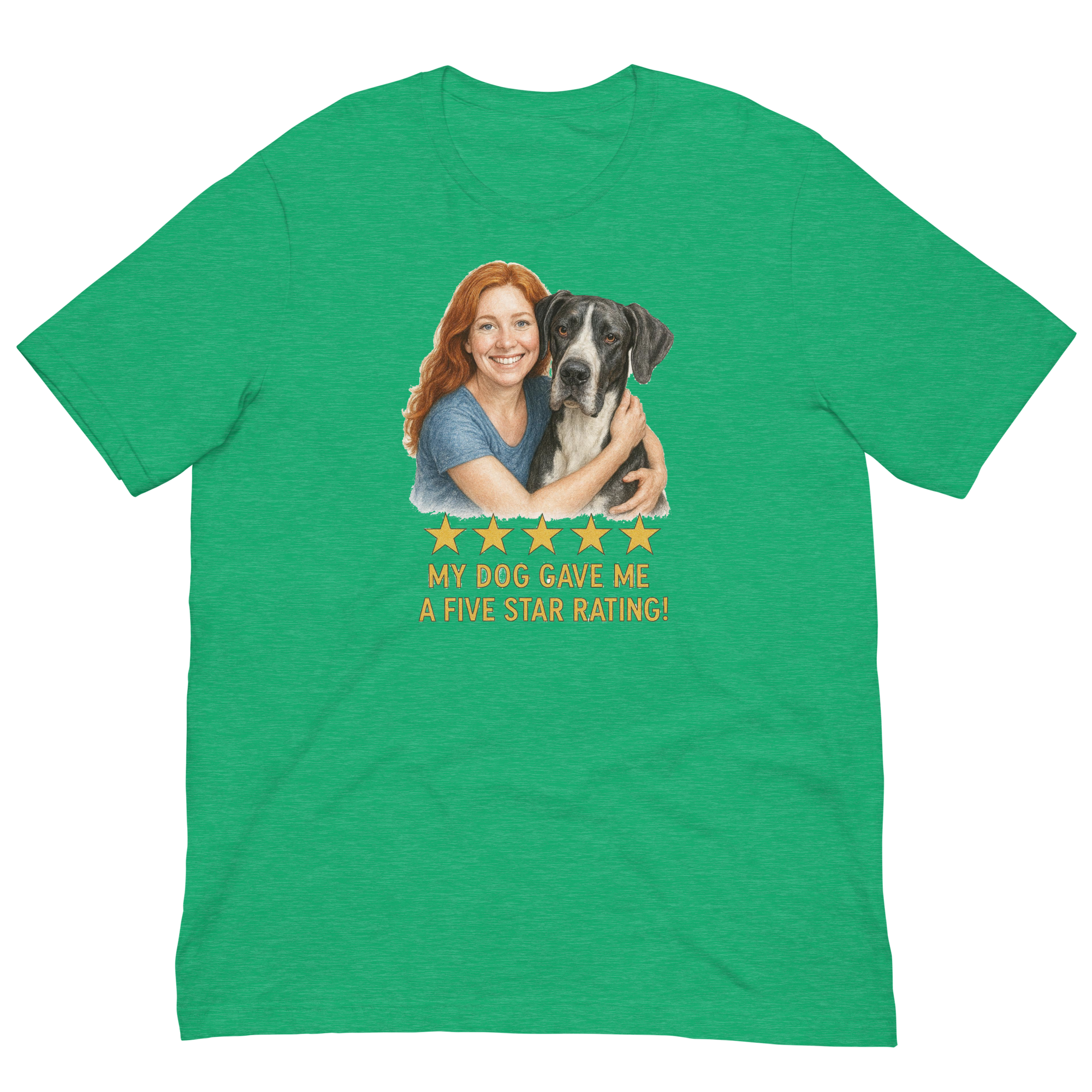 Red Hair Woman with Great Dane graphic tee.