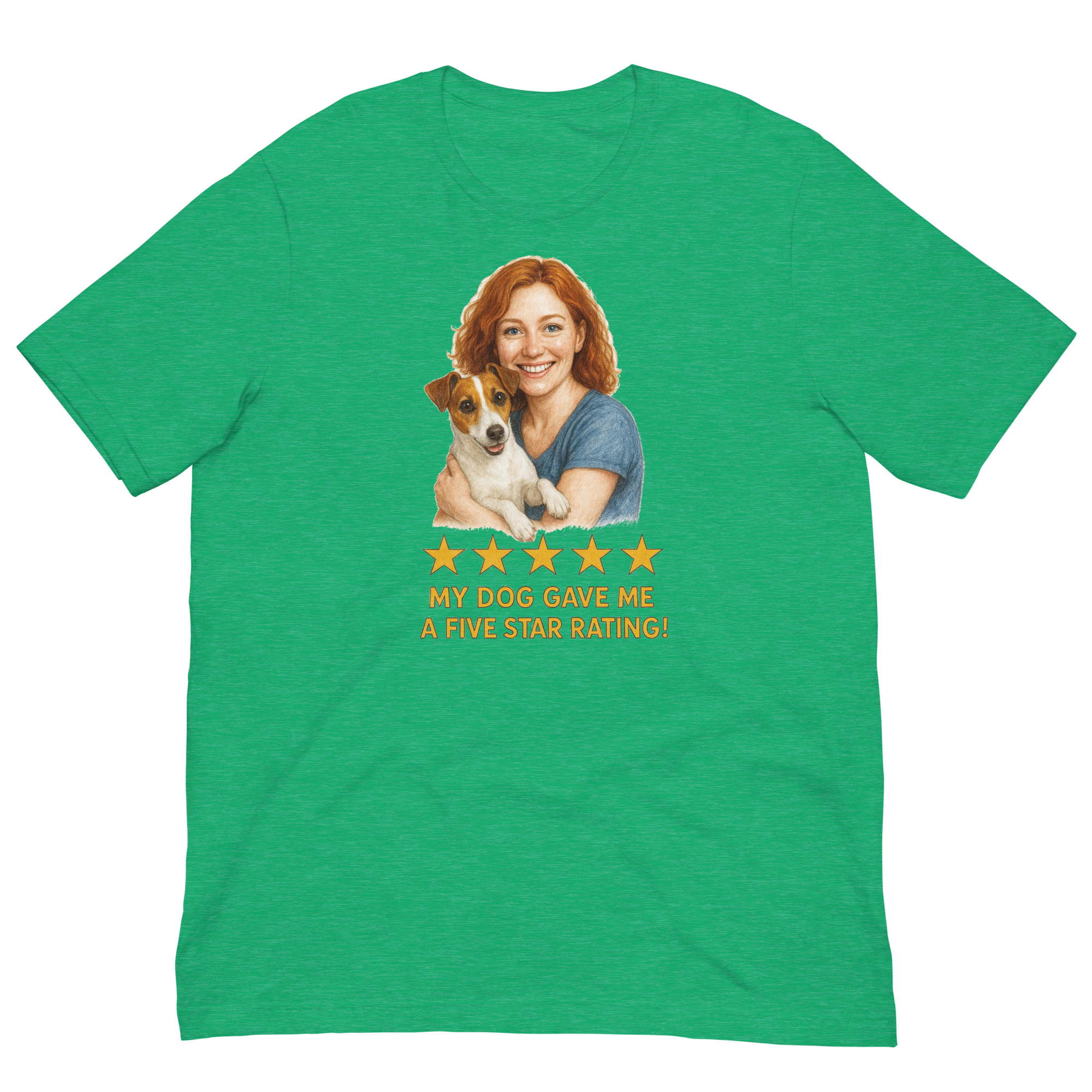 Red Hair Woman with Jack Russell Terrier graphic tee.