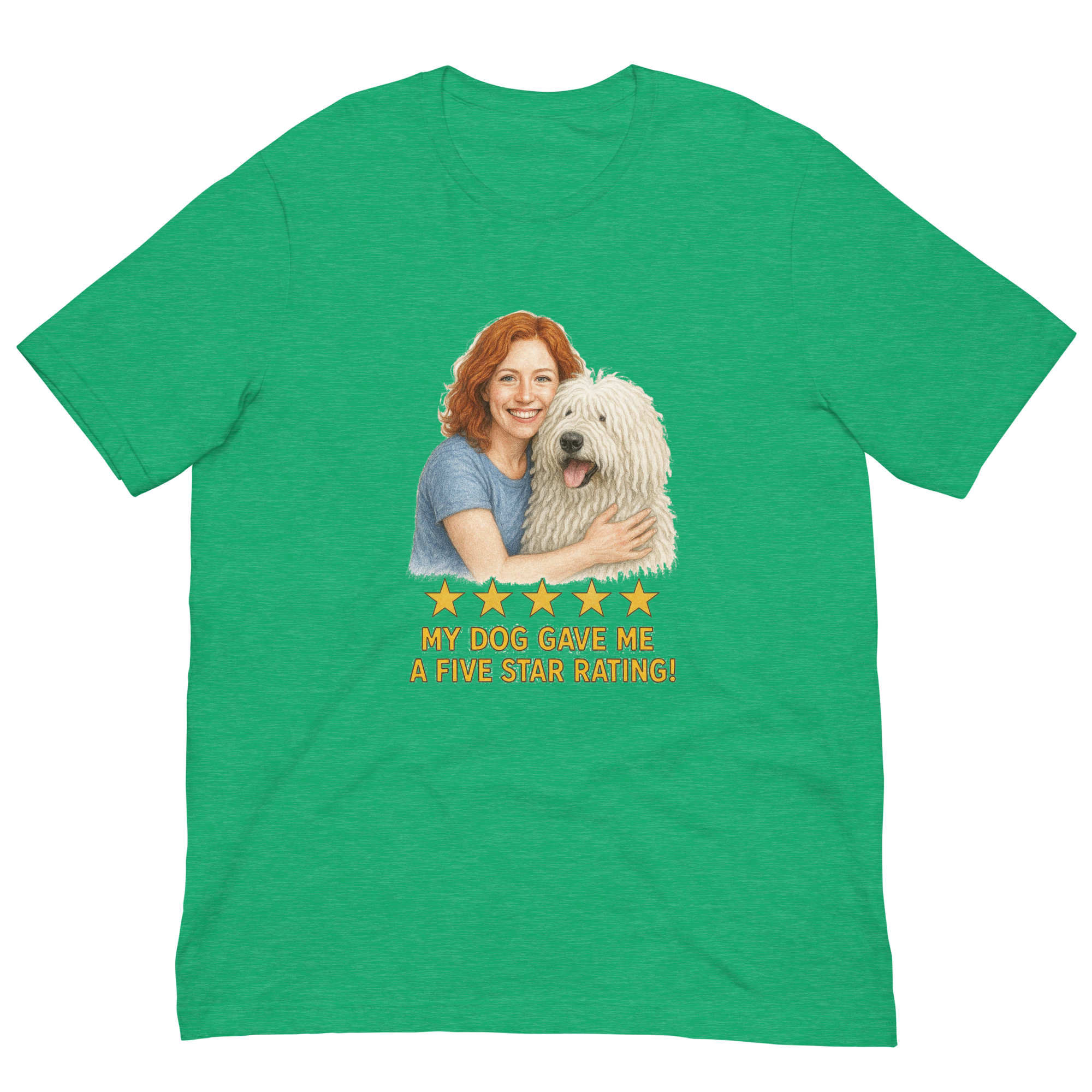 Red Hair Woman with Komondor graphic tee.