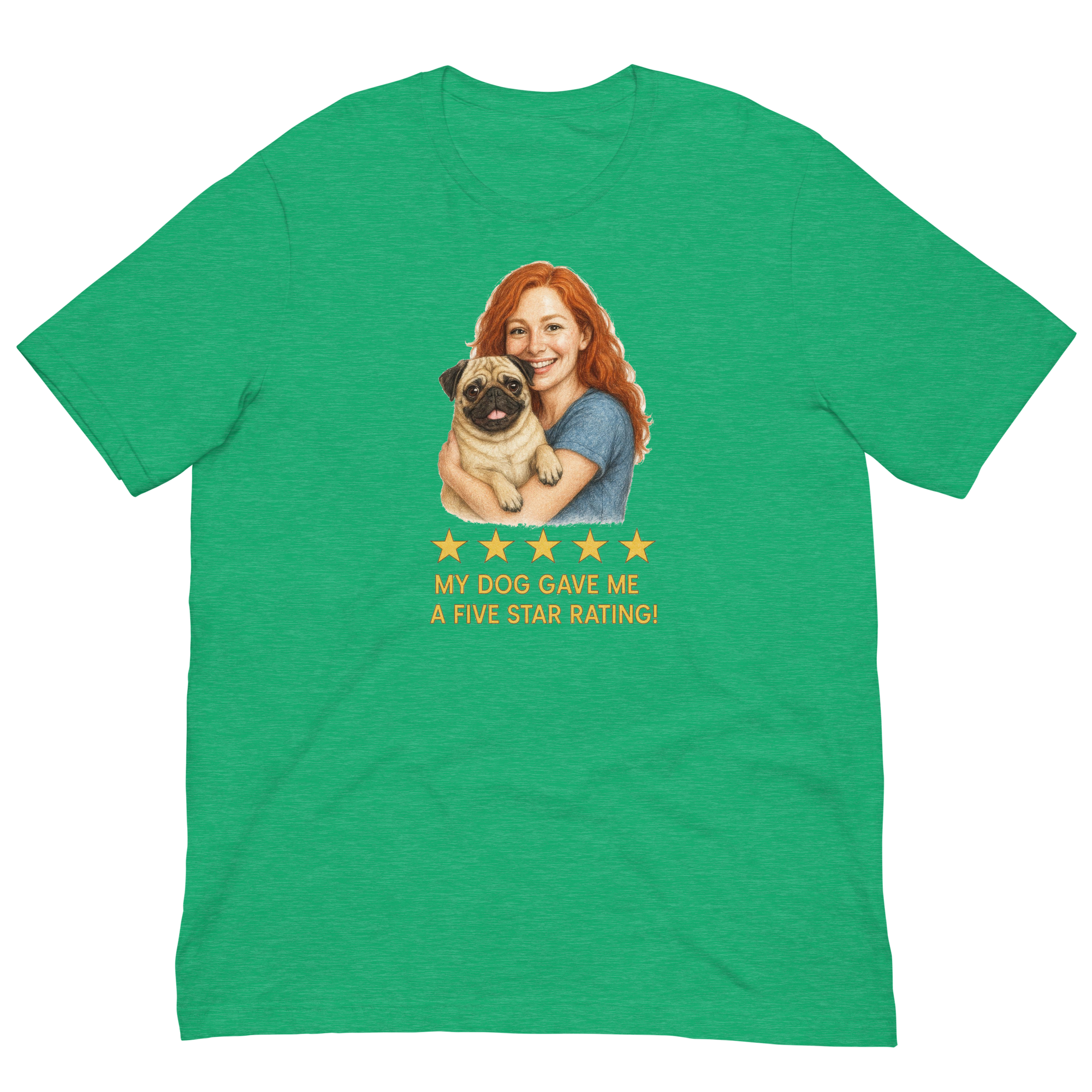 Red Hair Woman with Pug graphic tee.