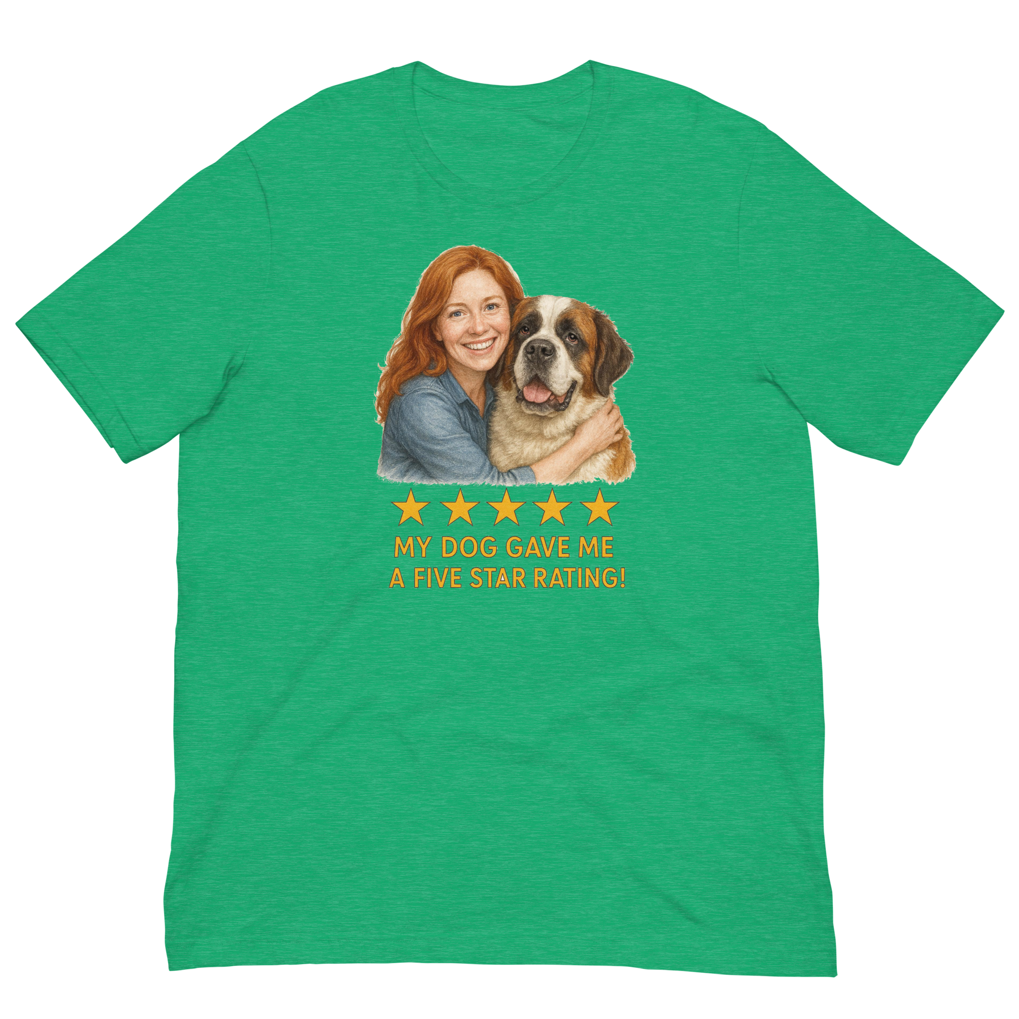 Red Hair Woman with Saint Bernard graphic tee.
