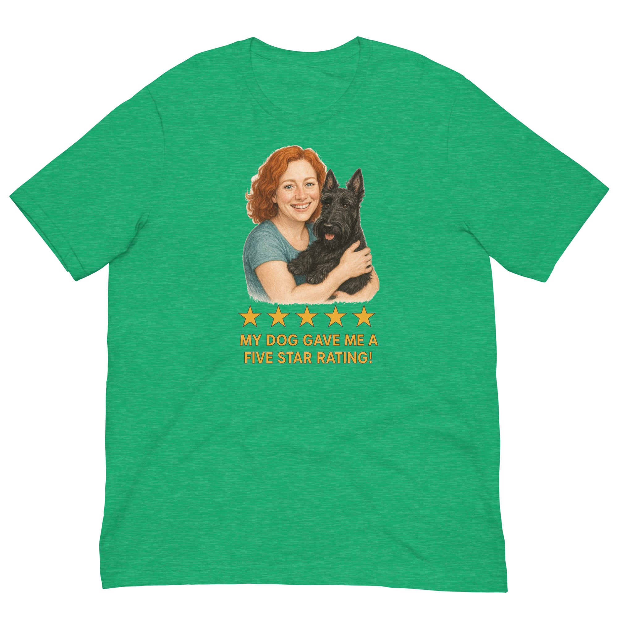 Red Hair Woman with Scottie graphic tee.