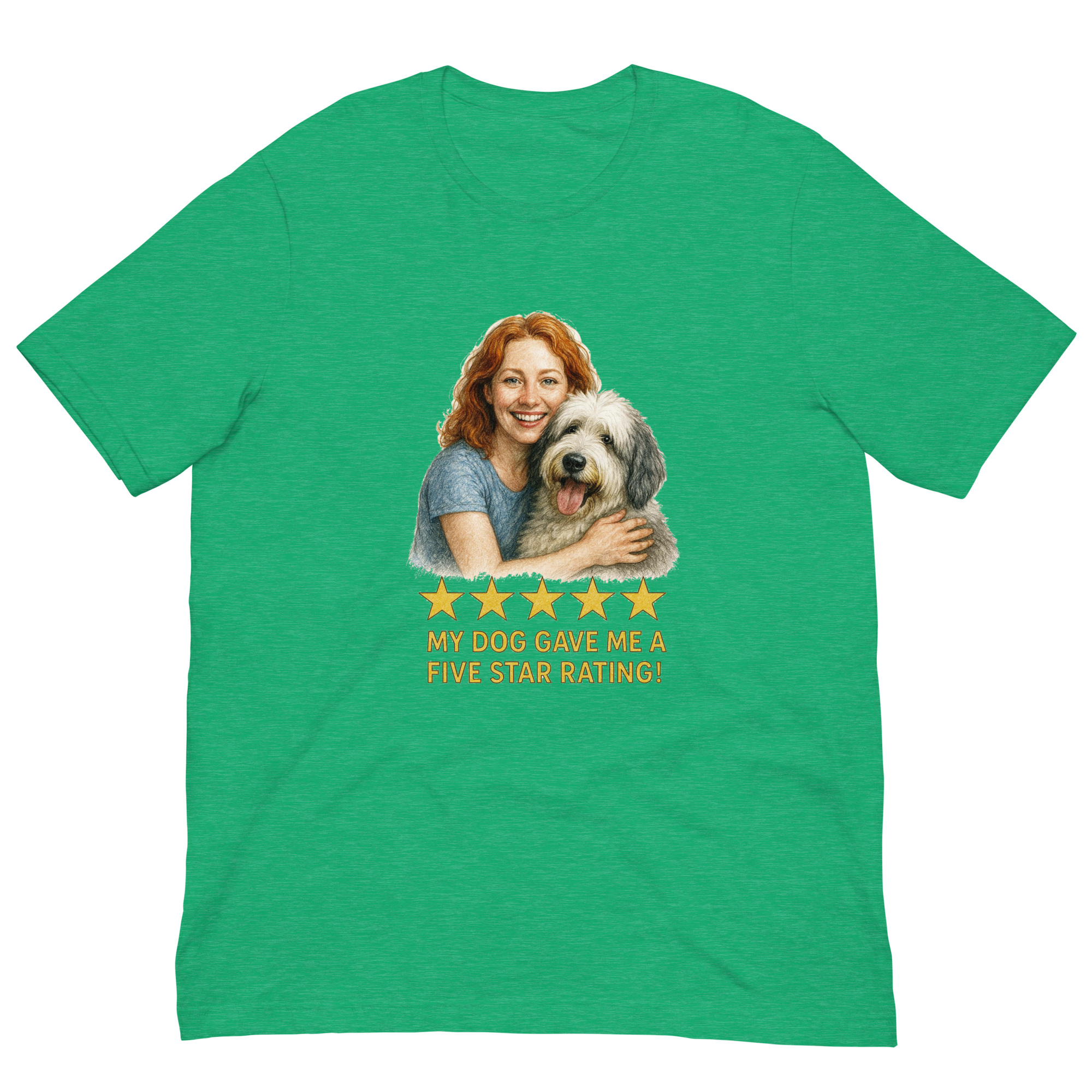 Red Hair Woman with Sheepdog graphic tee.