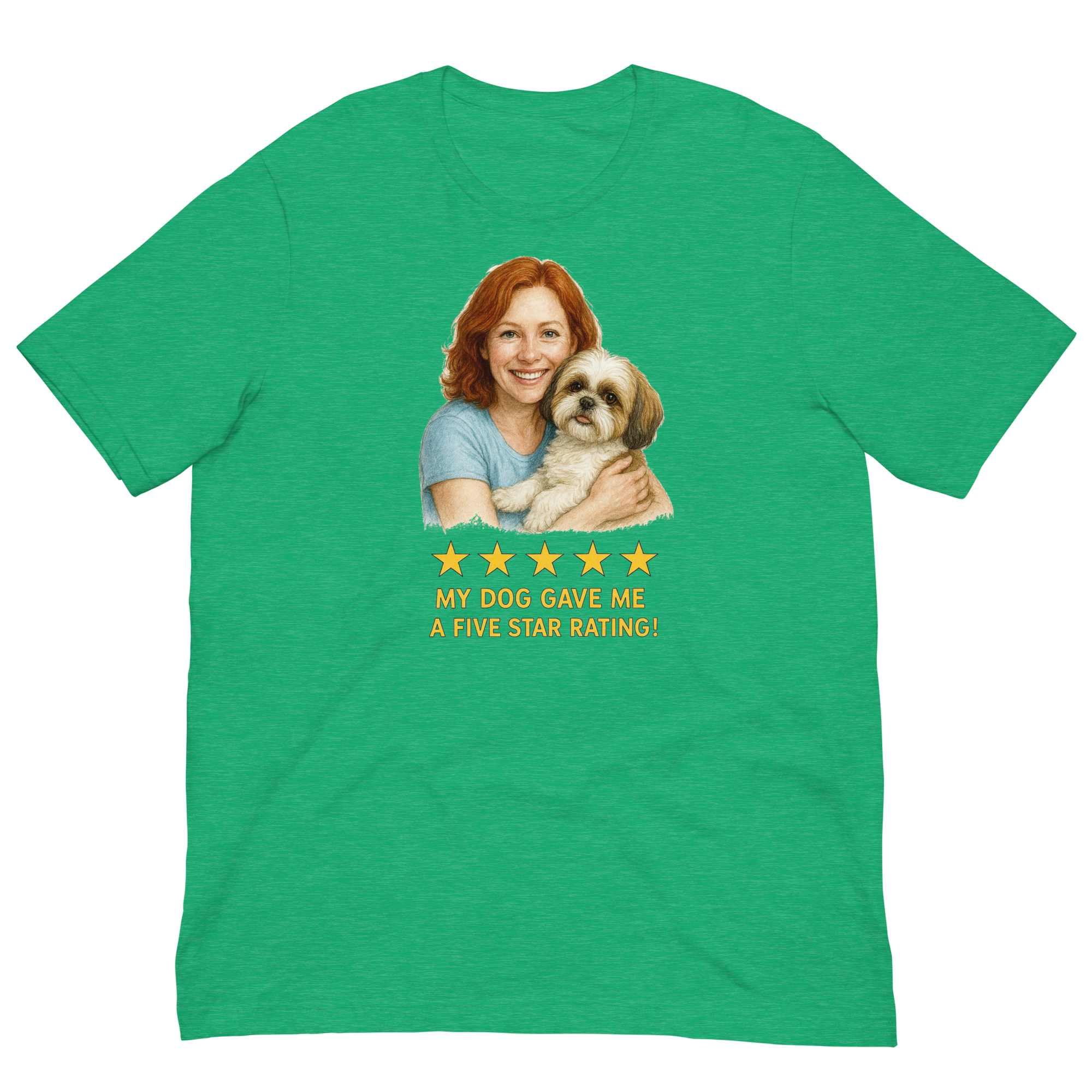 Red Hair Woman with Shih Tzu graphic tee.